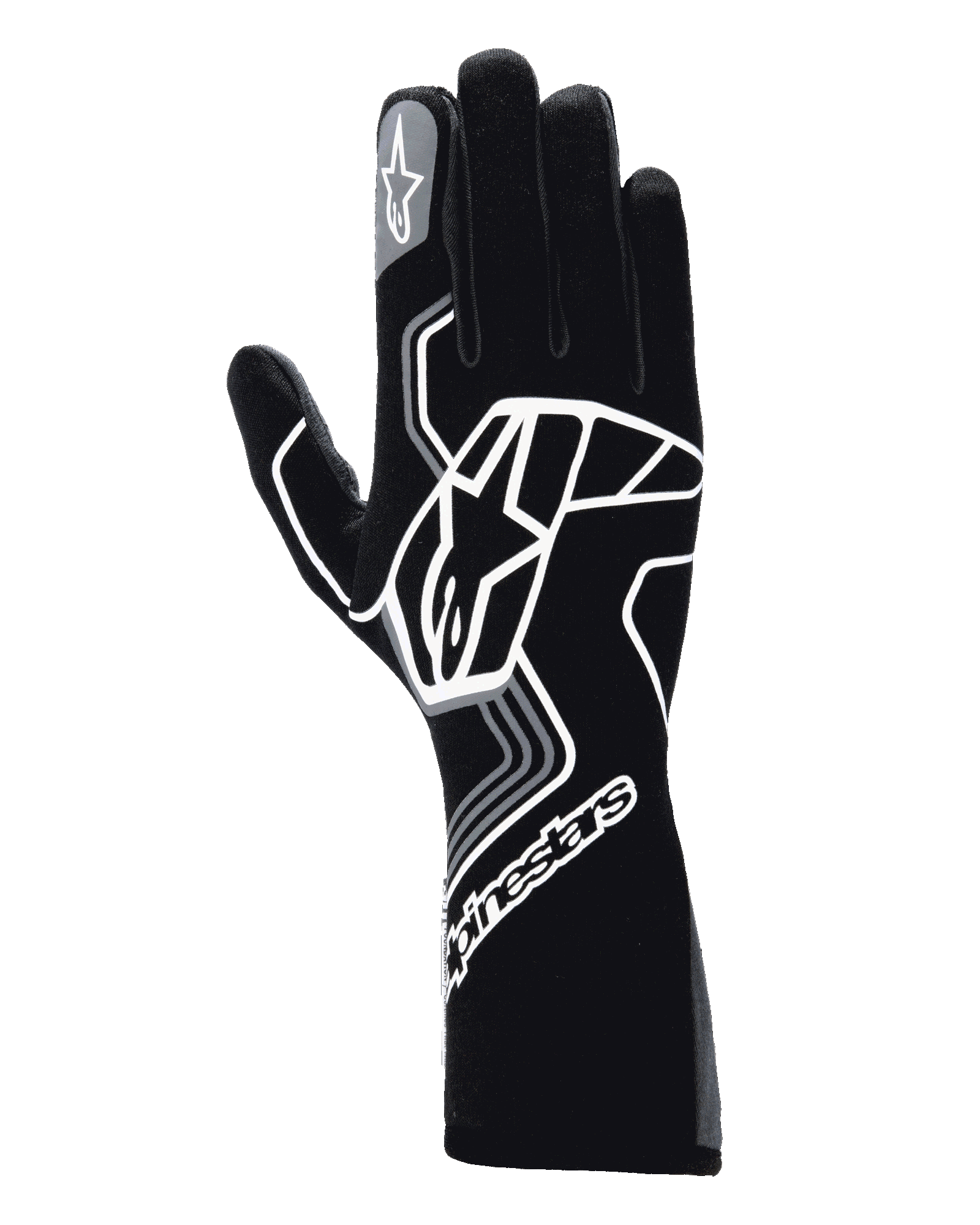 Guanti Alpinestars Tech-1 Race V4, guanti da corsa auto, Black Tar Gray, caratterizzati da un grande logo a stella geometrico bianco, marchio Alpinestars sul polsino e sull'indice, modello a polsino lungo per motorsport ad alte prestazioni