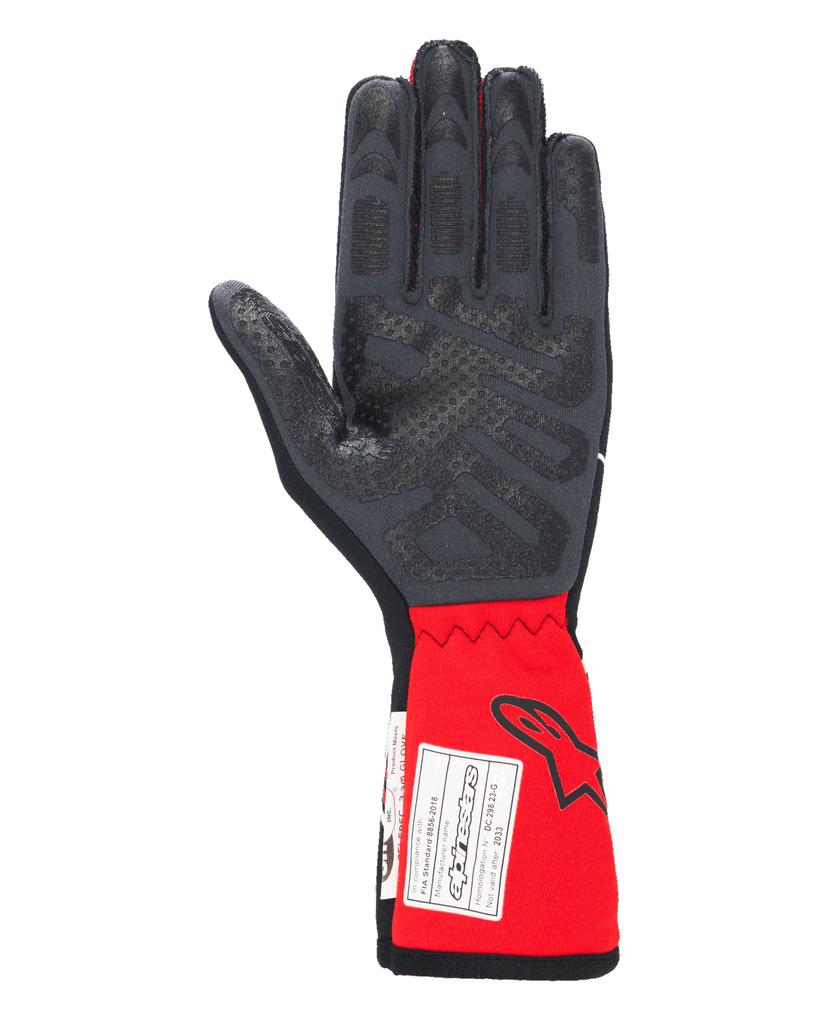 Guanti Alpinestars Tech-1 Race V4, guanti da auto racing, nero e rosso, vista del palmo con motivi grip in silicone su dita e palmo, polsino rosso esteso con logo Alpinestars ed etichetta di certificazione FIA, equipaggiamento motorsport ad alte prestazioni