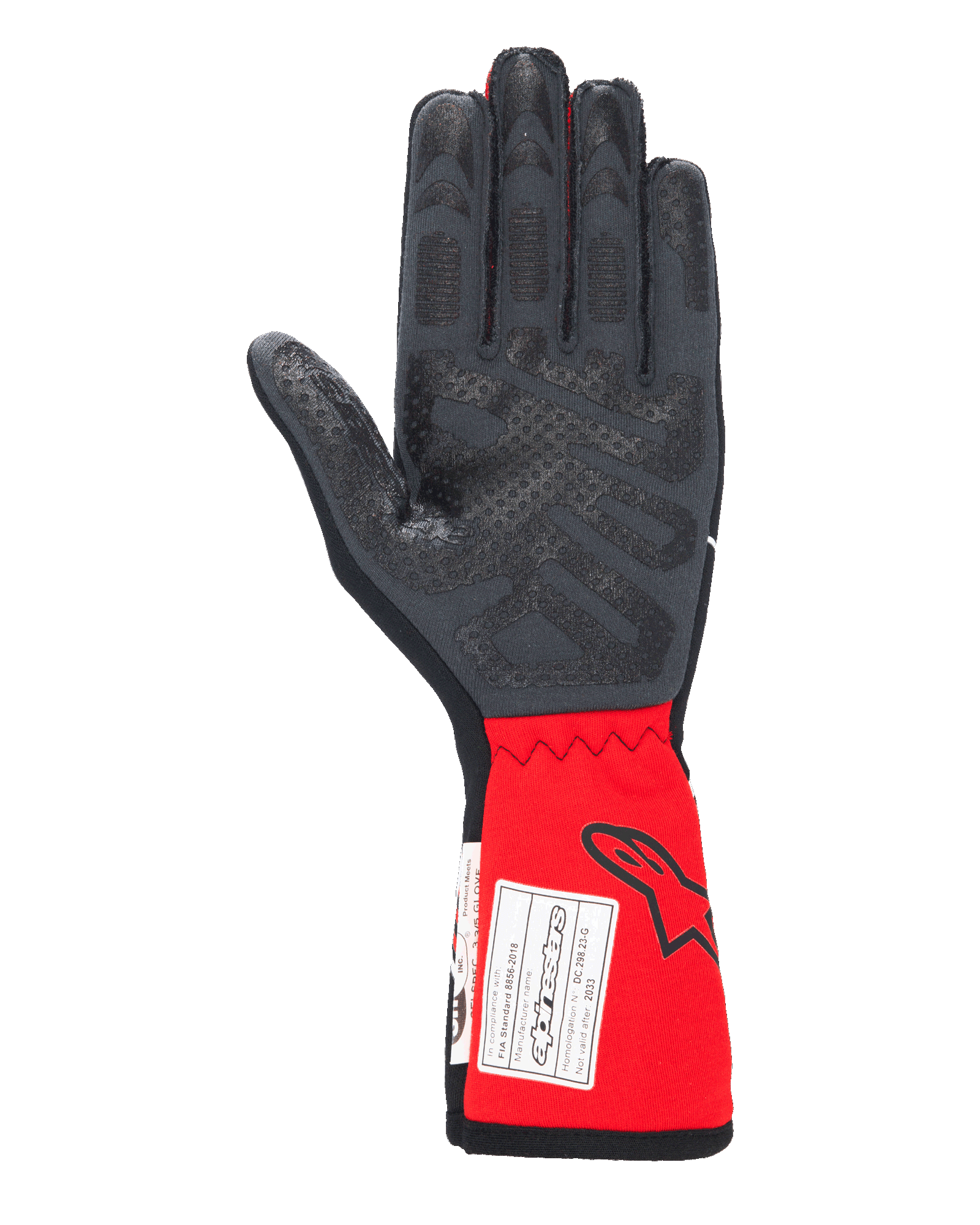 Guanti Alpinestars Tech-1 Race V4, guanti da auto racing, nero e rosso, vista del palmo con motivi grip in silicone su dita e palmo, polsino rosso esteso con logo Alpinestars ed etichetta di certificazione FIA, equipaggiamento motorsport ad alte prestazioni
