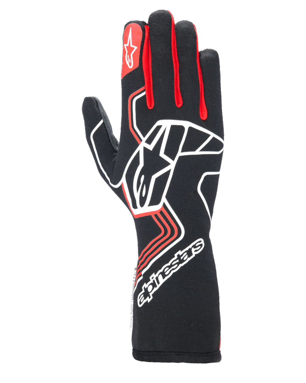 Guanti Alpinestars Tech-1 Race V4, guanti da corsa per auto, nero con dettagli rossi e bianchi, grande logo a stella bianco sul dorso, soffietti delle dita rossi, marchio bianco sul polsino lungo, motivi geometrici