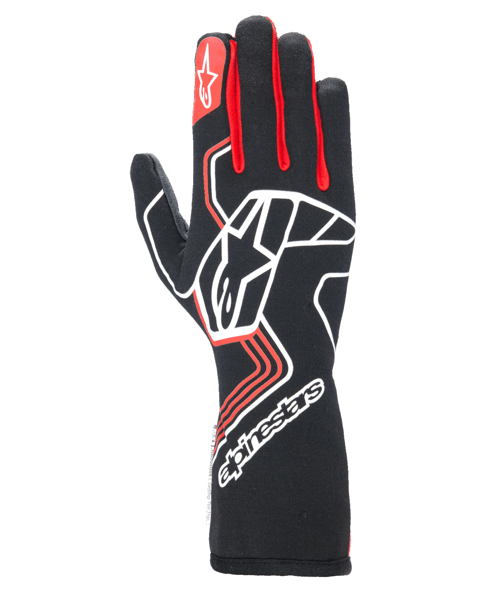 Guanti Alpinestars Tech-1 Race V4, guanti da corsa per auto, nero con dettagli rossi e bianchi, grande logo a stella bianco sul dorso, soffietti delle dita rossi, marchio bianco sul polsino lungo, motivi geometrici