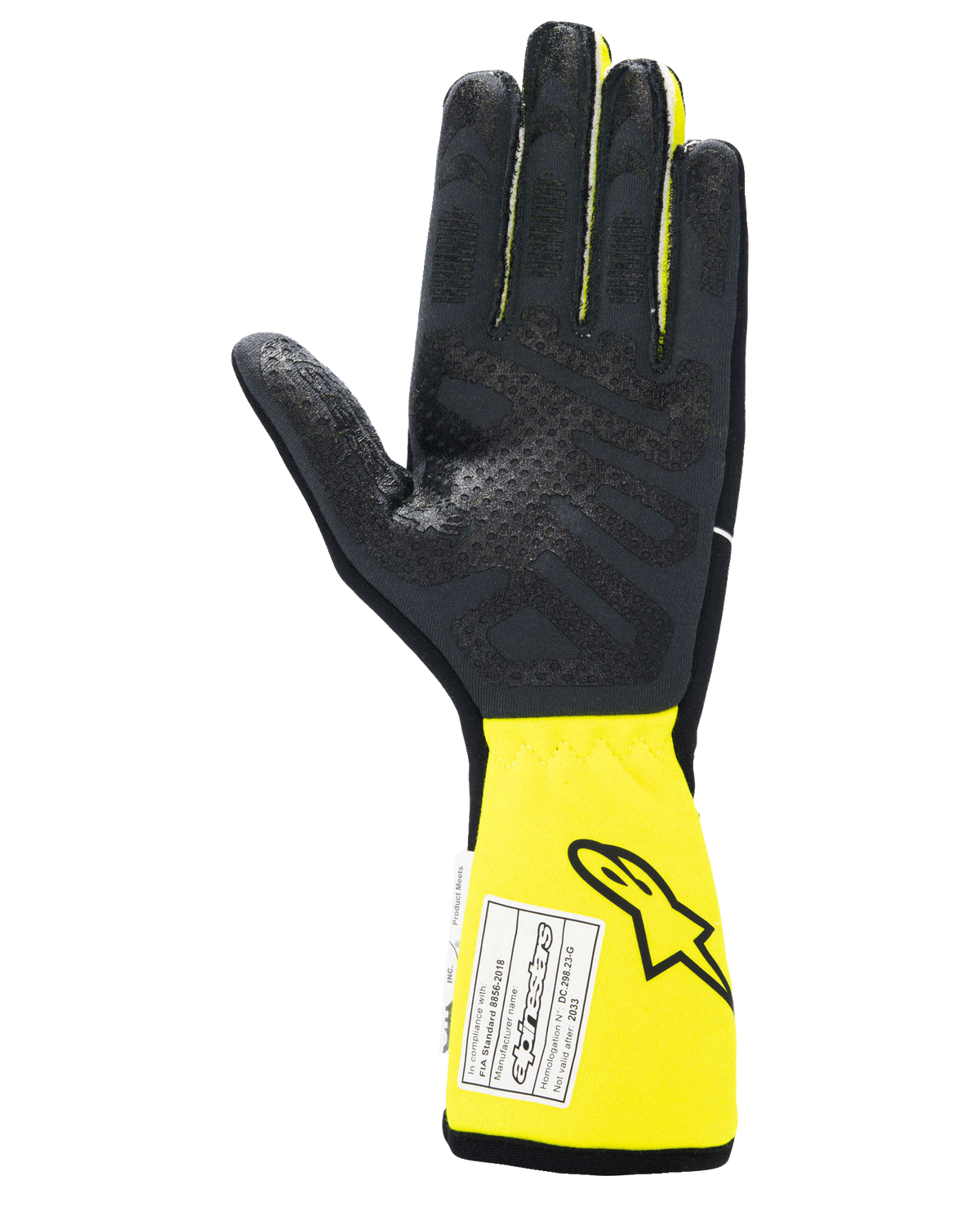 Guanti Alpinestars Tech-1 Race V4, guanti da corsa auto, nero e giallo fluo, vista del palmo con grip in silicone testurizzato, polsino giallo esteso con etichetta di certificazione FIA, equipaggiamento motorsport ad alte prestazioni