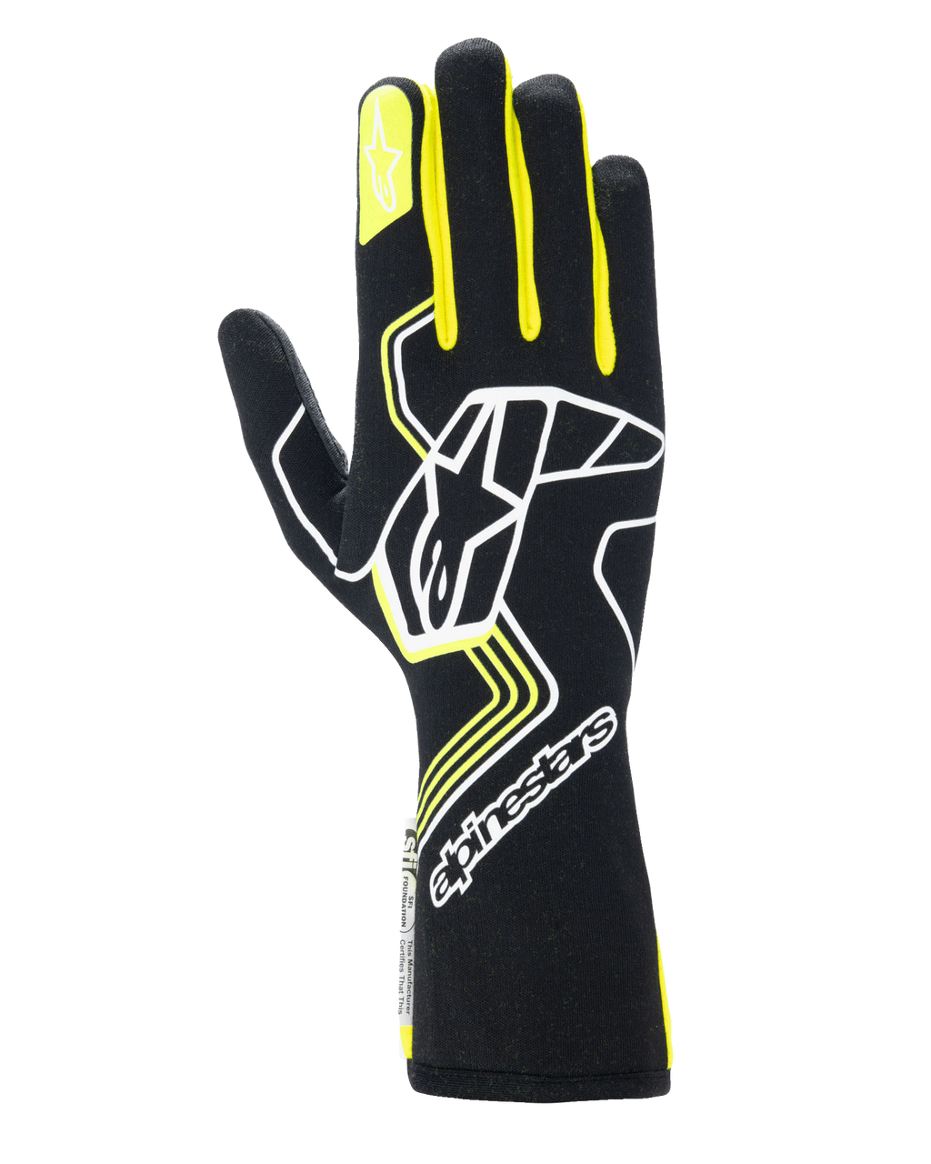 Guanti Alpinestars Tech-1 Race V4, guanti da corsa automobilistica, nero con accenti giallo fluo e bianchi, grande logo a stella sul dorso e stella sull'indice, design con motivi geometrici e polsino lungo