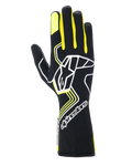 Guanti Alpinestars Tech-1 Race V4, guanti da corsa automobilistica, nero con accenti giallo fluo e bianchi, grande logo a stella sul dorso e stella sull'indice, design con motivi geometrici e polsino lungo