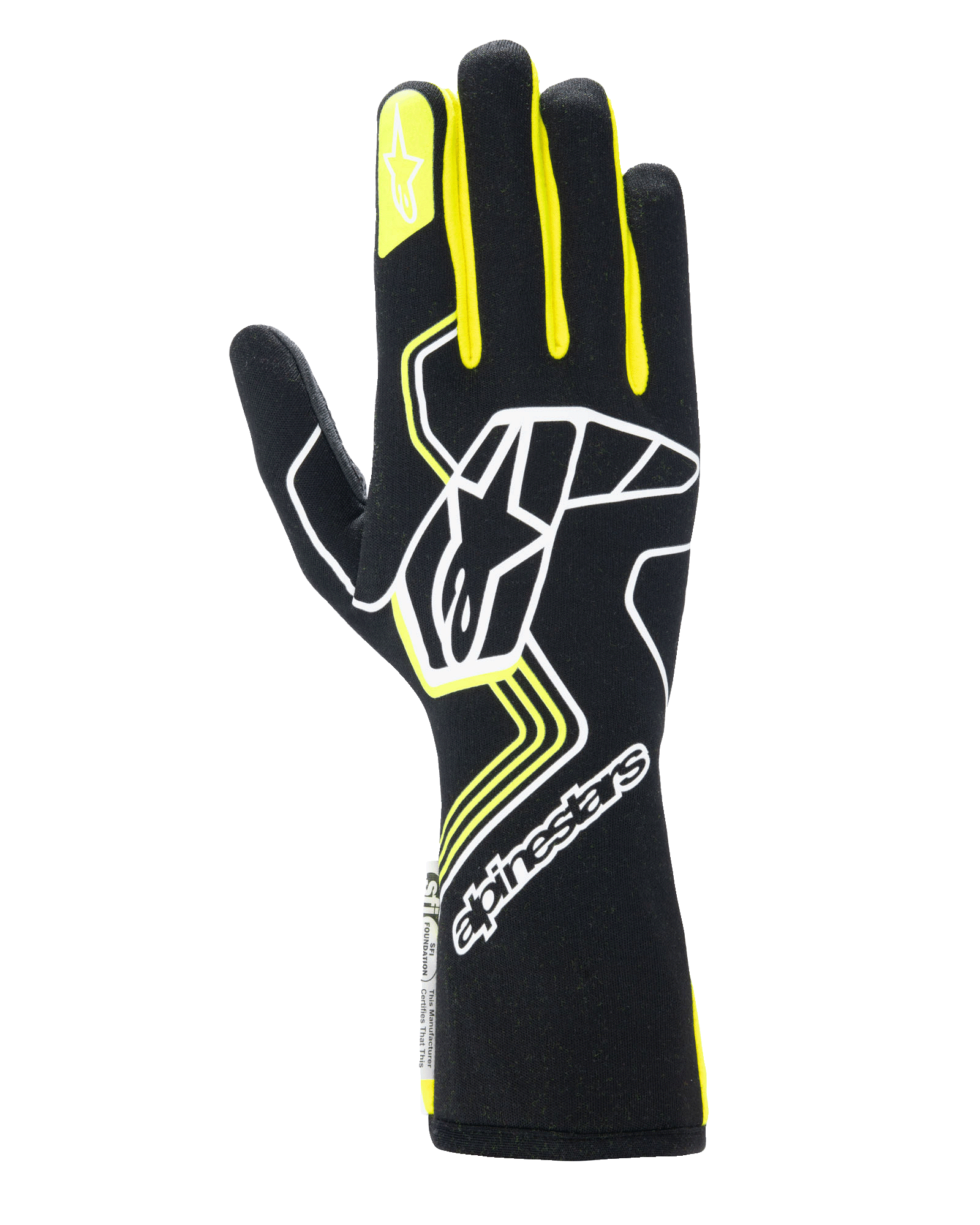 Guanti Alpinestars Tech-1 Race V4, guanti da corsa automobilistica, nero con accenti giallo fluo e bianchi, grande logo a stella sul dorso e stella sull'indice, design con motivi geometrici e polsino lungo