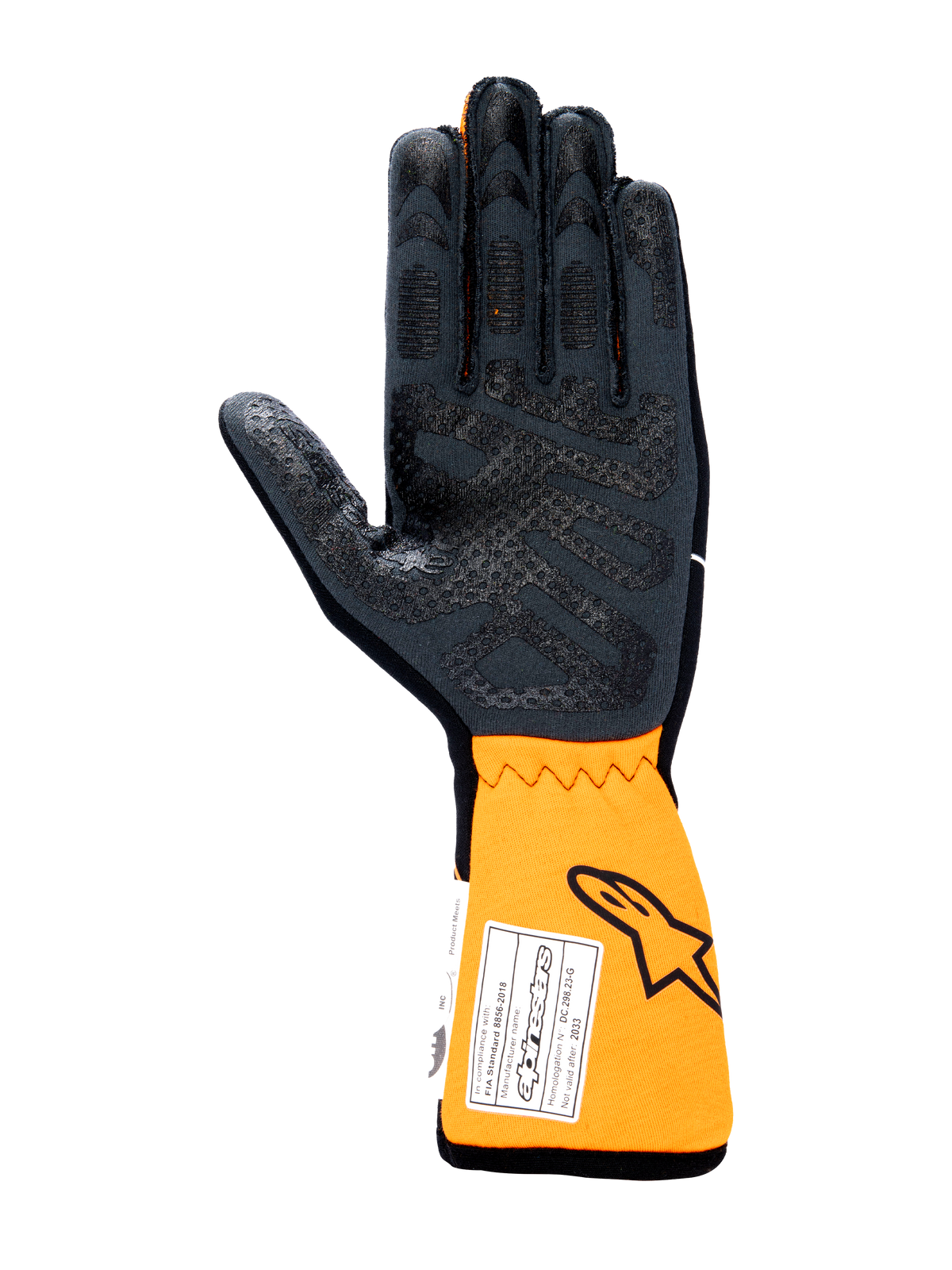 Guanti Alpinestars Tech-1 Race V4, guanti per auto da corsa, vista del palmo in nero e arancione fluo, con motivo grip in silicone su palmo e dita, polsino arancione esteso con etichetta di omologazione FIA e logo Astars.
