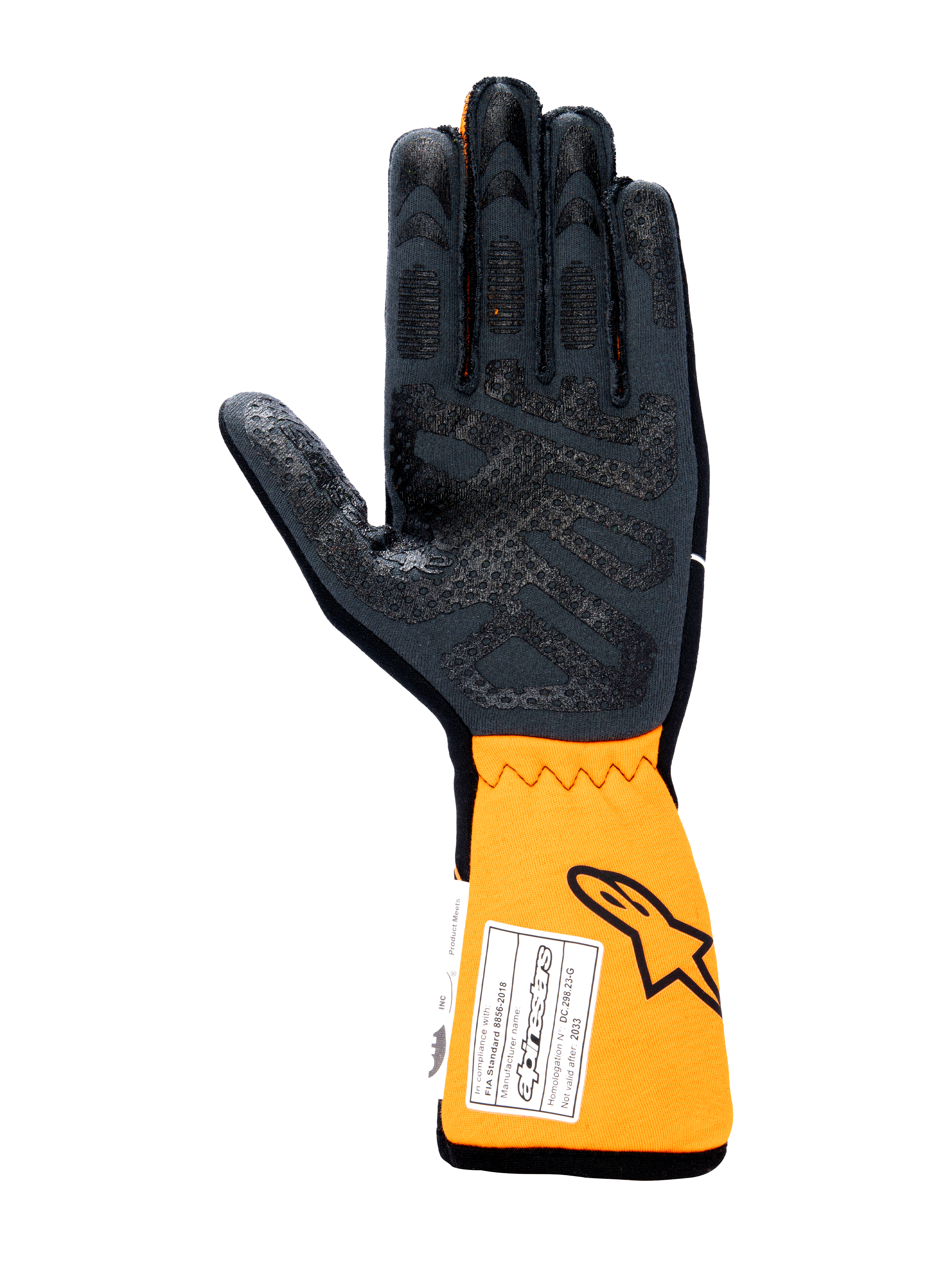 Guanti Alpinestars Tech-1 Race V4, guanti per auto da corsa, vista del palmo in nero e arancione fluo, con motivo grip in silicone su palmo e dita, polsino arancione esteso con etichetta di omologazione FIA e logo Astars.