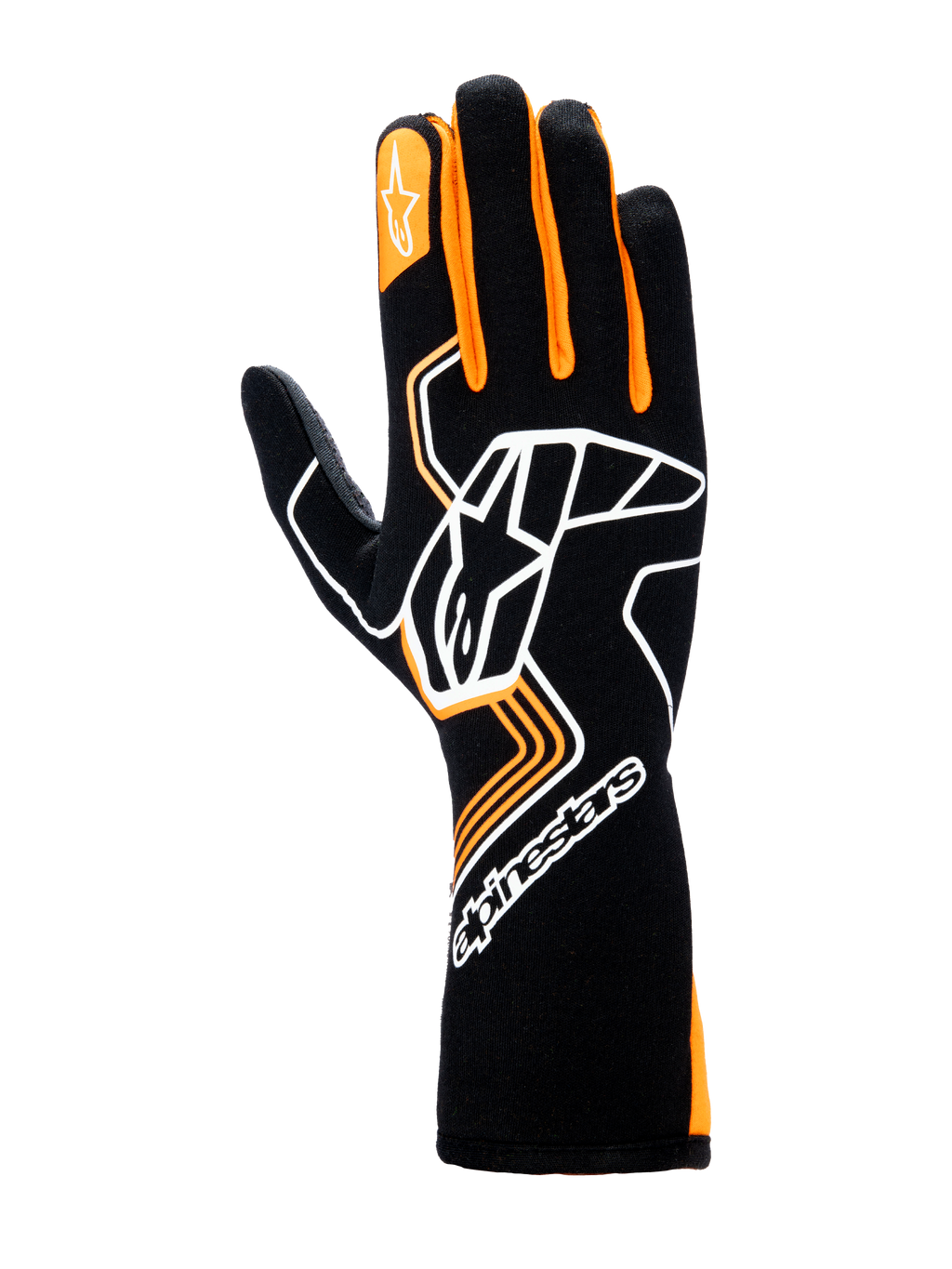 Guanti Alpinestars Tech-1 Race V4, guanti da corsa auto, nero e arancione fluo, caratterizzati da un grande logo Astar bianco sul dorso della mano, dettagli arancioni sulle dita e design a polsino lungo per una protezione professionale nel motorsport