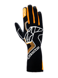 Guanti Alpinestars Tech-1 Race V4, guanti da corsa auto, nero e arancione fluo, caratterizzati da un grande logo Astar bianco sul dorso della mano, dettagli arancioni sulle dita e design a polsino lungo per una protezione professionale nel motorsport