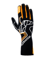Guanti Alpinestars Tech-1 Race V4, guanti da corsa auto, nero e arancione fluo, caratterizzati da un grande logo Astar bianco sul dorso della mano, dettagli arancioni sulle dita e design a polsino lungo per una protezione professionale nel motorsport