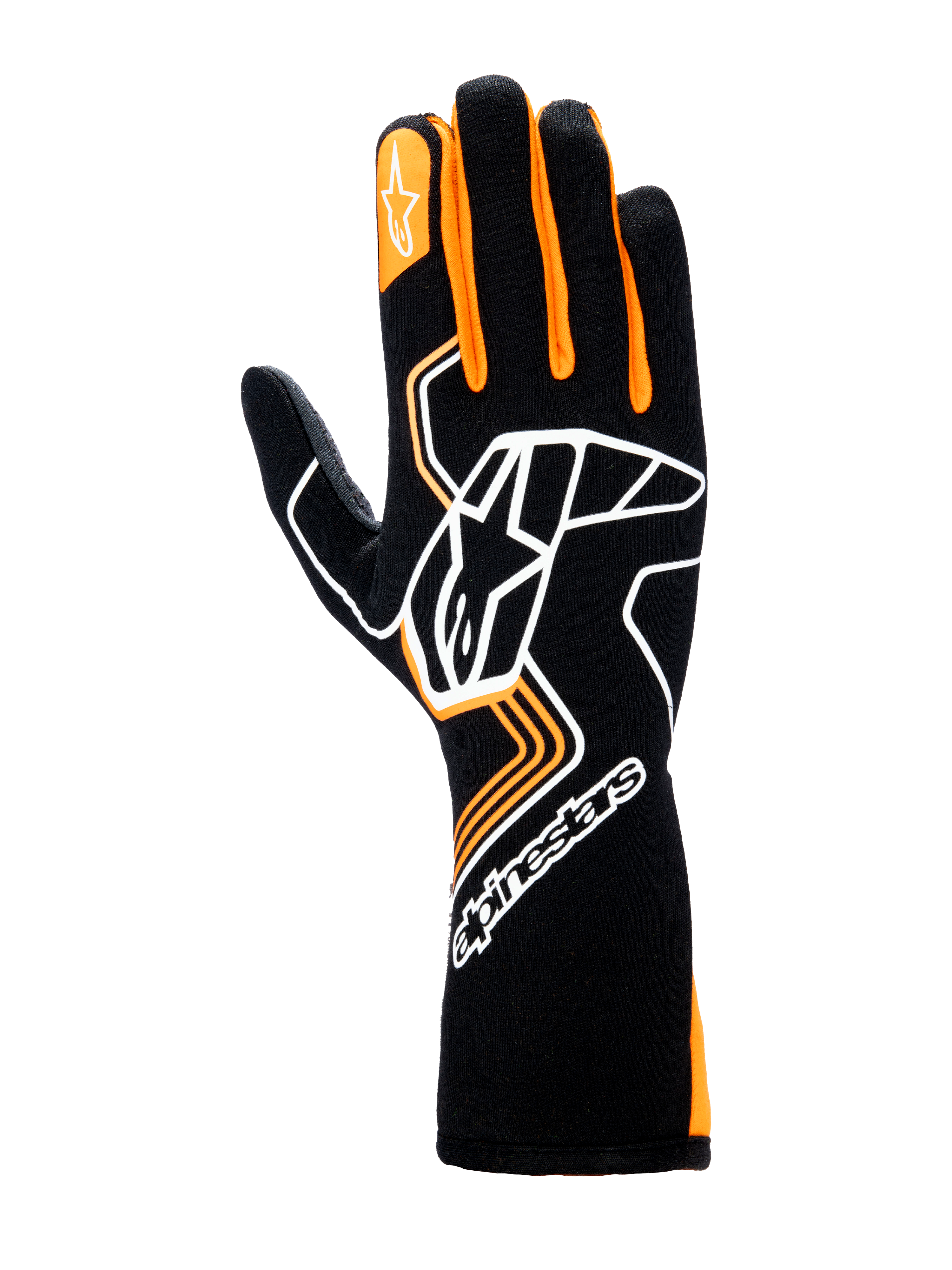 Guanti Alpinestars Tech-1 Race V4, guanti da corsa auto, nero e arancione fluo, caratterizzati da un grande logo Astar bianco sul dorso della mano, dettagli arancioni sulle dita e design a polsino lungo per una protezione professionale nel motorsport