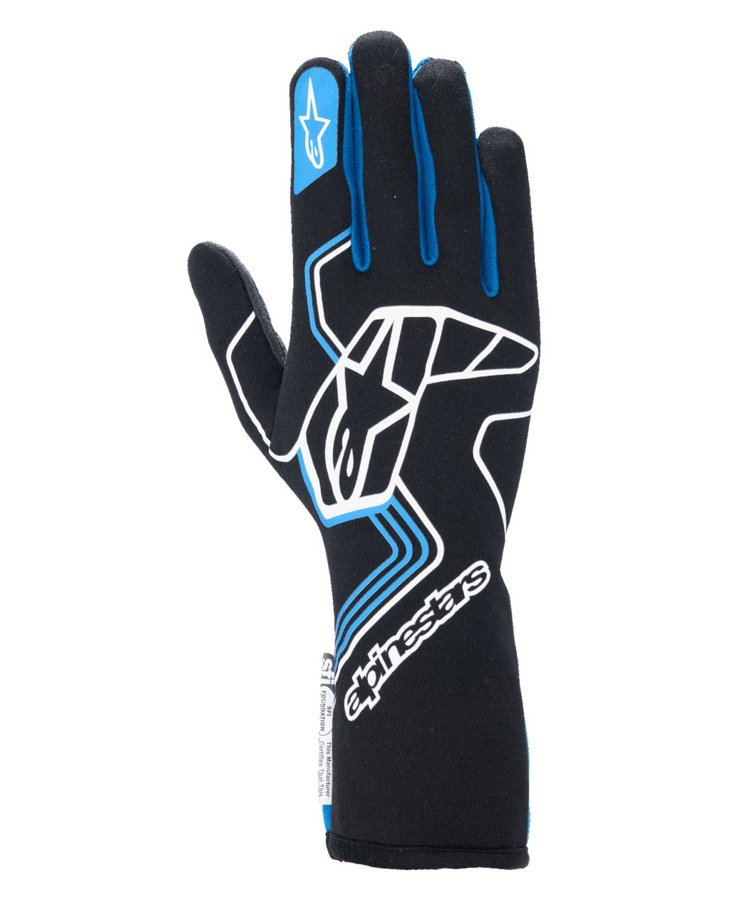 Guanti Alpinestars Tech-1 Race V4, guanti da corsa automobilistica, nero con dettagli blu e bianchi, con un grande logo bianco sul dorso, profili blu sulle dita e polsino lungo, design professionale ignifugo per motorsport