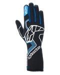 Guanti Alpinestars Tech-1 Race V4, guanti da corsa automobilistica, nero con dettagli blu e bianchi, con un grande logo bianco sul dorso, profili blu sulle dita e polsino lungo, design professionale ignifugo per motorsport