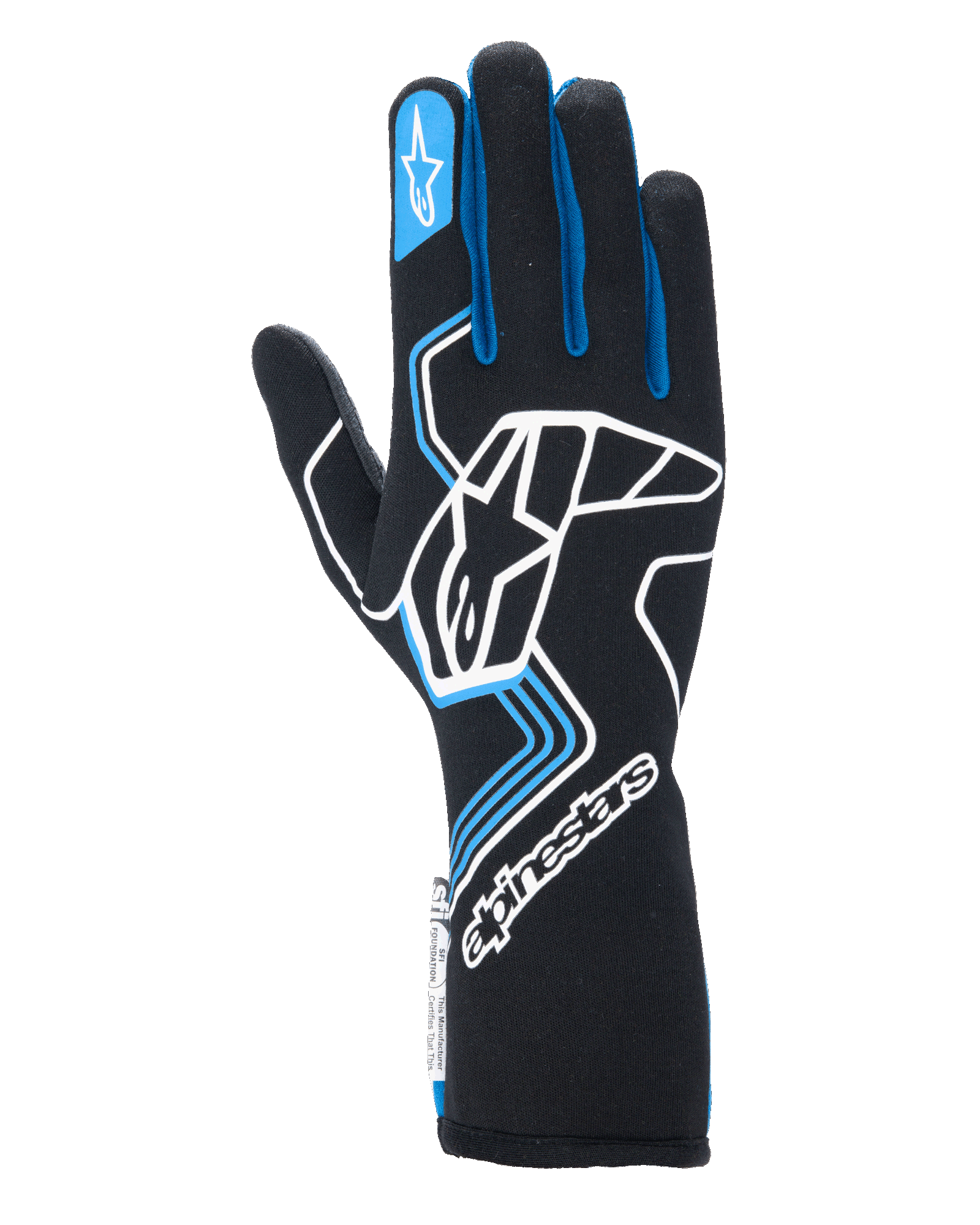 Guanti Alpinestars Tech-1 Race V4, guanti da corsa automobilistica, nero con dettagli blu e bianchi, con un grande logo bianco sul dorso, profili blu sulle dita e polsino lungo, design professionale ignifugo per motorsport