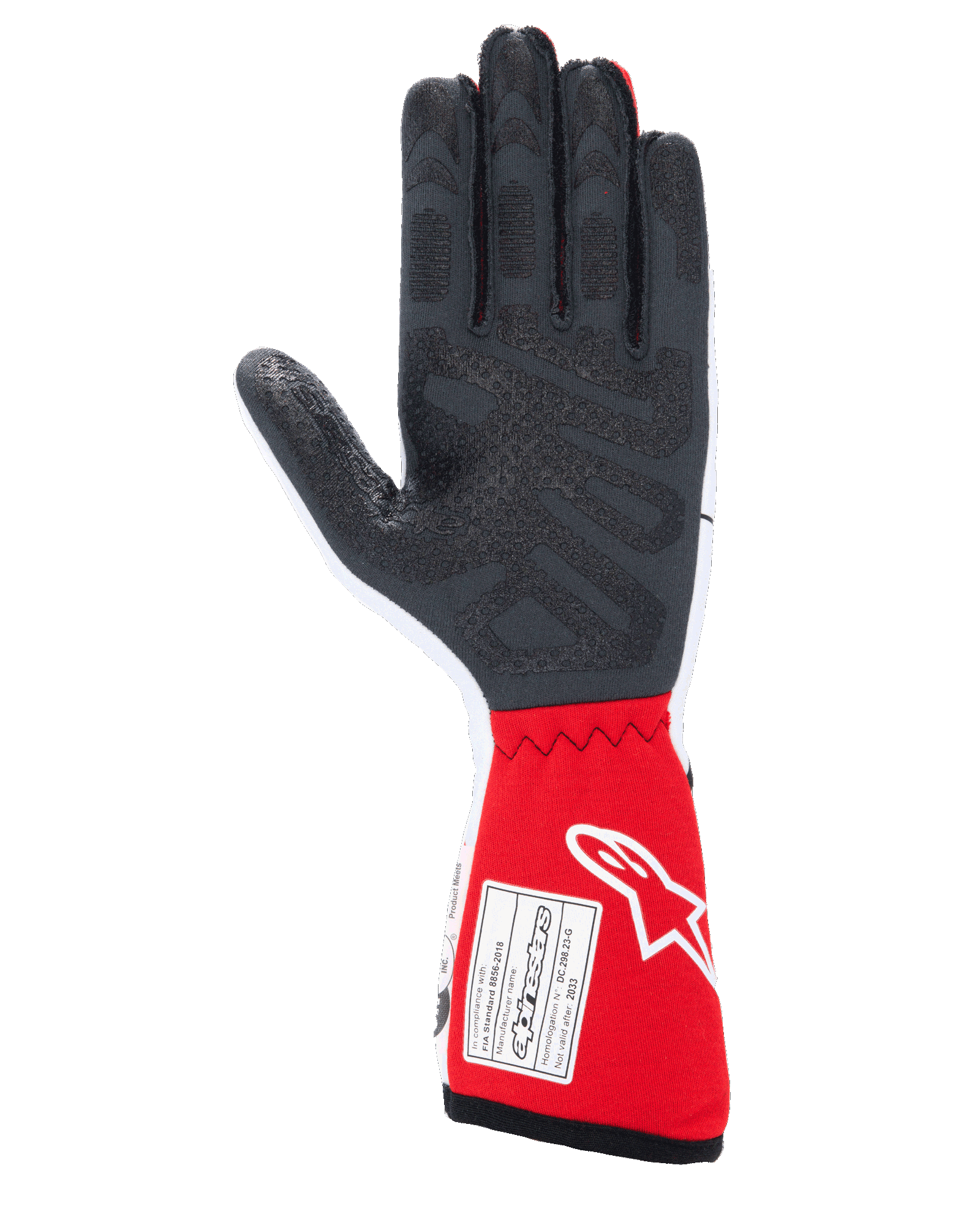 Guanti Alpinestars Tech-1 Race V4, guanti da auto racing, bianco e rosso, vista del palmo con motivi grip in silicone nero testurizzato e etichetta di certificazione FIA 8856-2018 sul polsino esteso rosso, equipaggiamento professionale per motorsport
