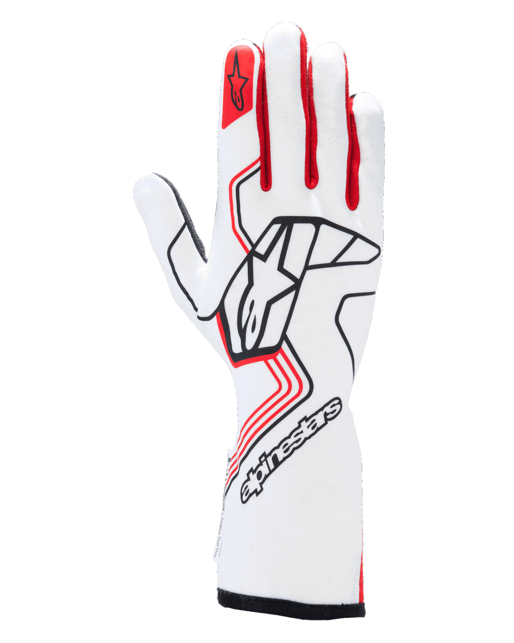 Alpinestars Tech-1 Race V4 Gloves, guanti da corsa automobilistica, bianco e rosso con dettagli neri, logo Alpinestars nero sul dorso della mano, stella rossa sull'indice, design professionale a polsino lungo