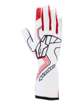 Alpinestars Tech-1 Race V4 Gloves, guanti da corsa automobilistica, bianco e rosso con dettagli neri, logo Alpinestars nero sul dorso della mano, stella rossa sull'indice, design professionale a polsino lungo