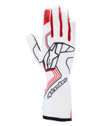 Alpinestars Tech-1 Race V4 Gloves, guanti da corsa automobilistica, bianco e rosso con dettagli neri, logo Alpinestars nero sul dorso della mano, stella rossa sull'indice, design professionale a polsino lungo