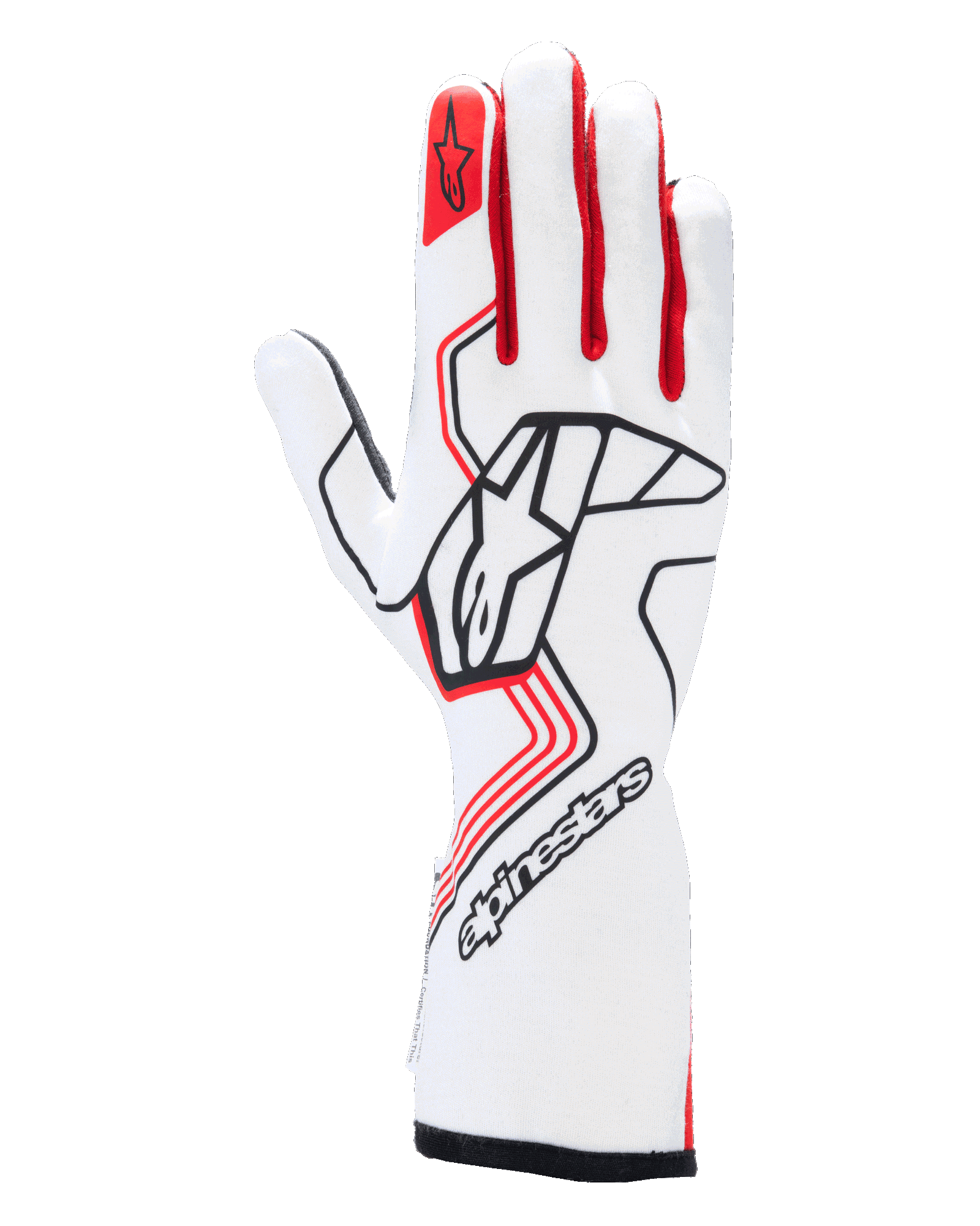 Alpinestars Tech-1 Race V4 Gloves, guanti da corsa automobilistica, bianco e rosso con dettagli neri, logo Alpinestars nero sul dorso della mano, stella rossa sull'indice, design professionale a polsino lungo