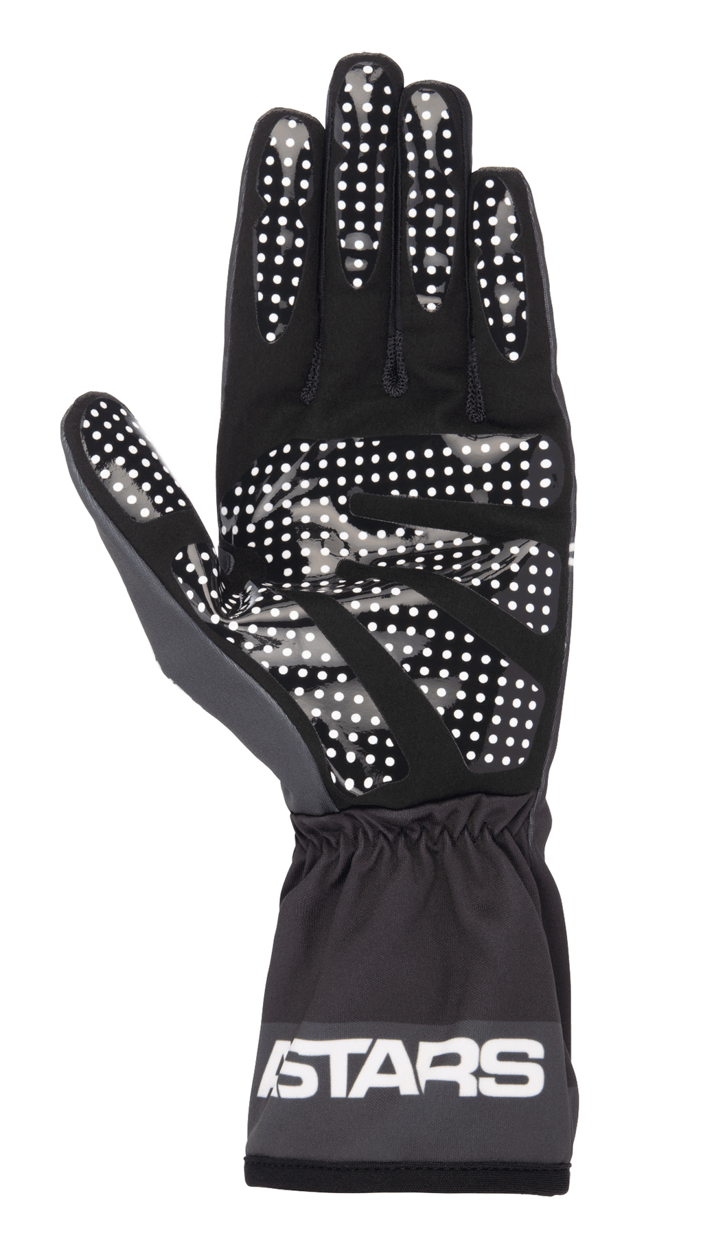 Guanti Alpinestars Tech-1 K Race V2 One Vision, nero e grigio scuro, vista del palmo con motivo grip a pois in silicone bianco, polsino elasticizzato con logo ASTARS, attrezzatura leggera da karting