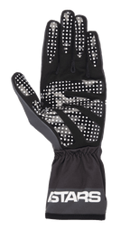 Guanti Alpinestars Tech-1 K Race V2 One Vision, nero e grigio scuro, vista del palmo con motivo grip a pois in silicone bianco, polsino elasticizzato con logo ASTARS, attrezzatura leggera da karting