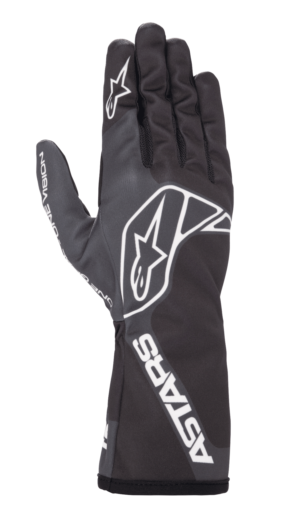 Guanti Alpinestars Tech-1 K Race V2 One Vision, guanti da karting, nero e grigio, con logo a stella bianco sul dorso e sul dito, marchio ASTARS sul polsino, design aerodinamico con polsino lungo a manicotto