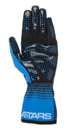 Alpinestars Tech-1 K Race V2 Future Gloves, guanti da kart, blu navy e azzurro, vista del palmo con camoscio sintetico nero e punti grip in silicone blu, polsino elasticizzato con strisce orizzontali nere e marchio ASTARS bianco