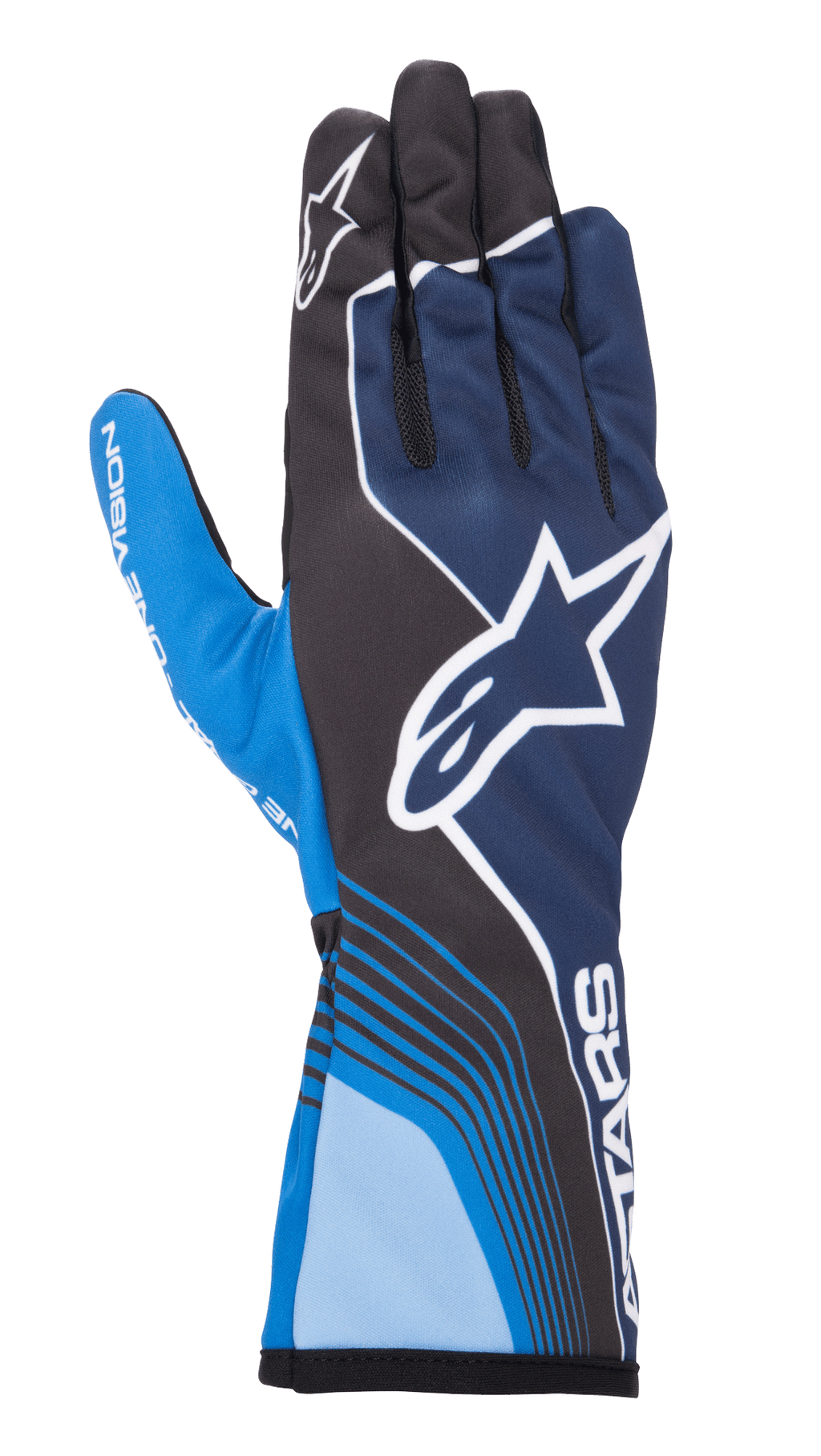 Guanti Alpinestars Tech-1 K Race V2 Future, guanti da karting, blu navy e azzurro con accenti neri, grande logo a stella bianco, linee curve dinamiche, sezioni delle dita in mesh, design sportivo da motorsport con branding bianco