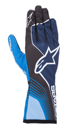 Guanti Alpinestars Tech-1 K Race V2 Future, guanti da karting, blu navy e azzurro con accenti neri, grande logo a stella bianco, linee curve dinamiche, sezioni delle dita in mesh, design sportivo da motorsport con branding bianco