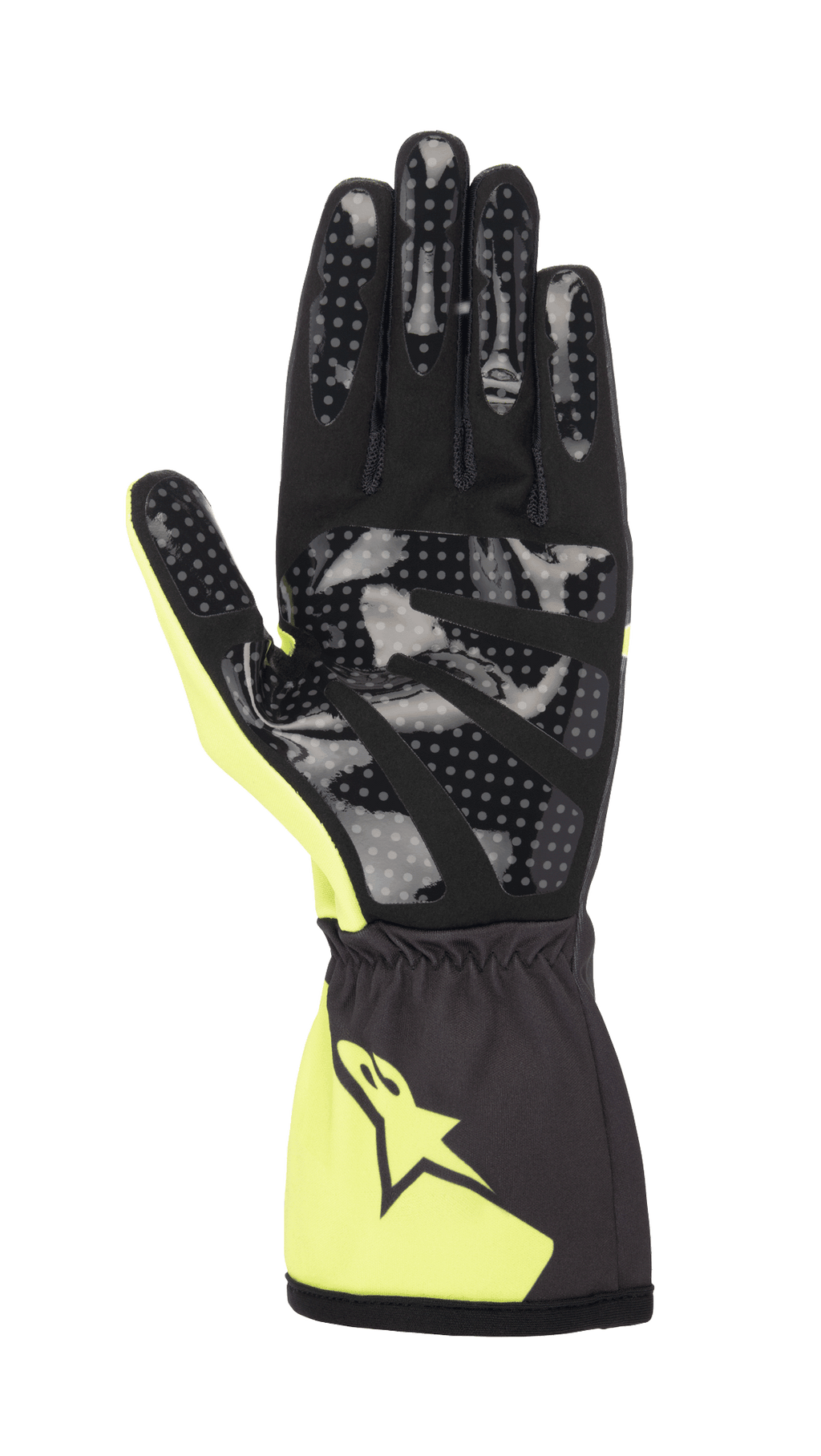Guanti Alpinestars Youth Tech-1 K Race S V2 Corporate, guanti da kart per ragazzi, antracite e lime, vista del palmo con stampa grip in silicone a pois, palmo in scamosciato sintetico e polsino elasticizzato con logo Alpinestars