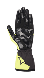 Guanti Alpinestars Youth Tech-1 K Race S V2 Corporate, guanti da kart per ragazzi, antracite e lime, vista del palmo con stampa grip in silicone a pois, palmo in scamosciato sintetico e polsino elasticizzato con logo Alpinestars