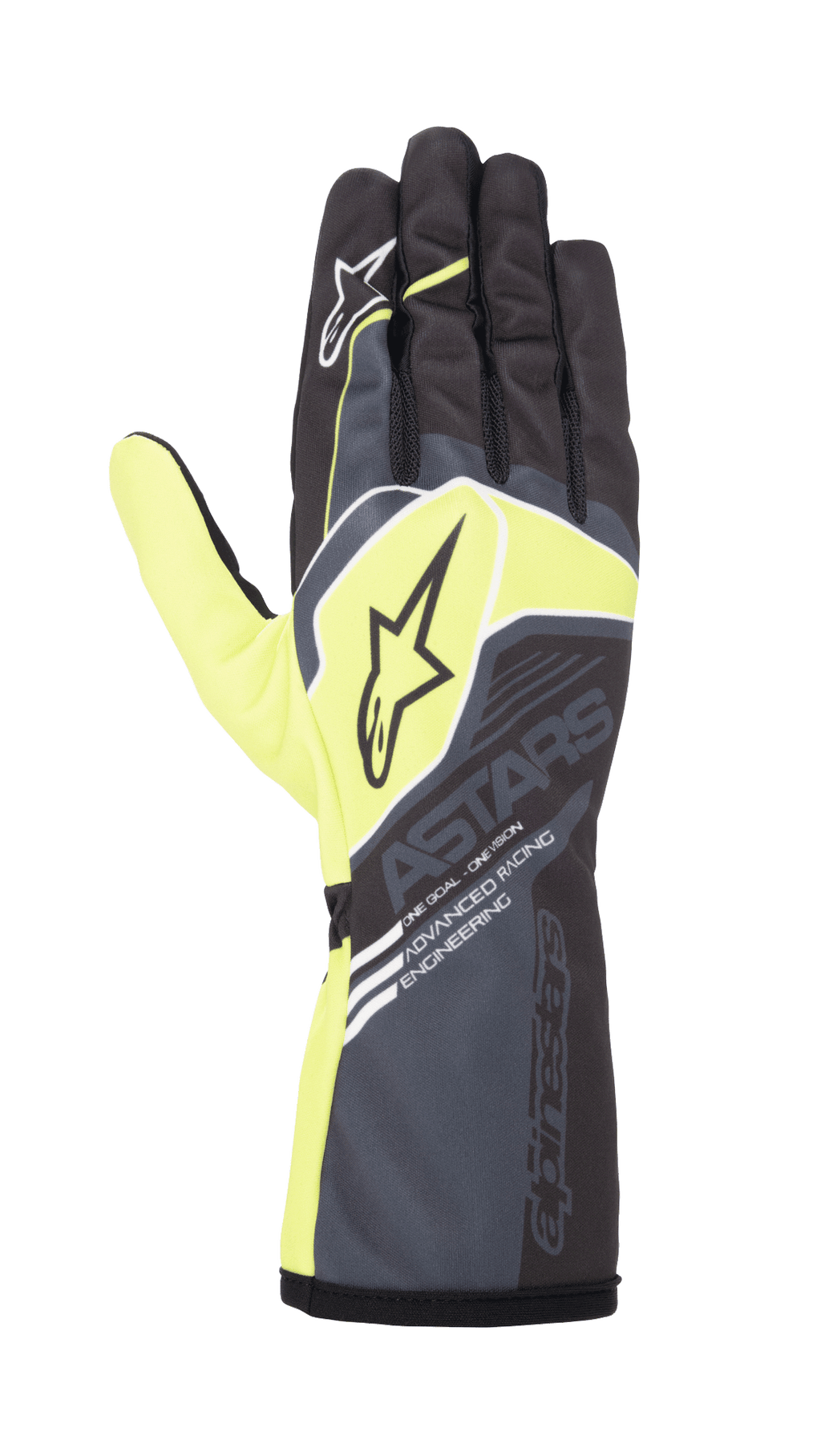 Guanti Alpinestars Youth Tech-1 K Race S V2 Corporate, guanti da karting, antracite e verde lime, caratterizzati da loghi a stella e marchio 'ASTARS', polsino lungo a manicotto con scritta 'Advanced Racing Engineering', design racing ad alte prestazioni per giovani piloti