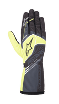 Guanti Alpinestars Youth Tech-1 K Race S V2 Corporate, guanti da karting, antracite e verde lime, caratterizzati da loghi a stella e marchio 'ASTARS', polsino lungo a manicotto con scritta 'Advanced Racing Engineering', design racing ad alte prestazioni per giovani piloti