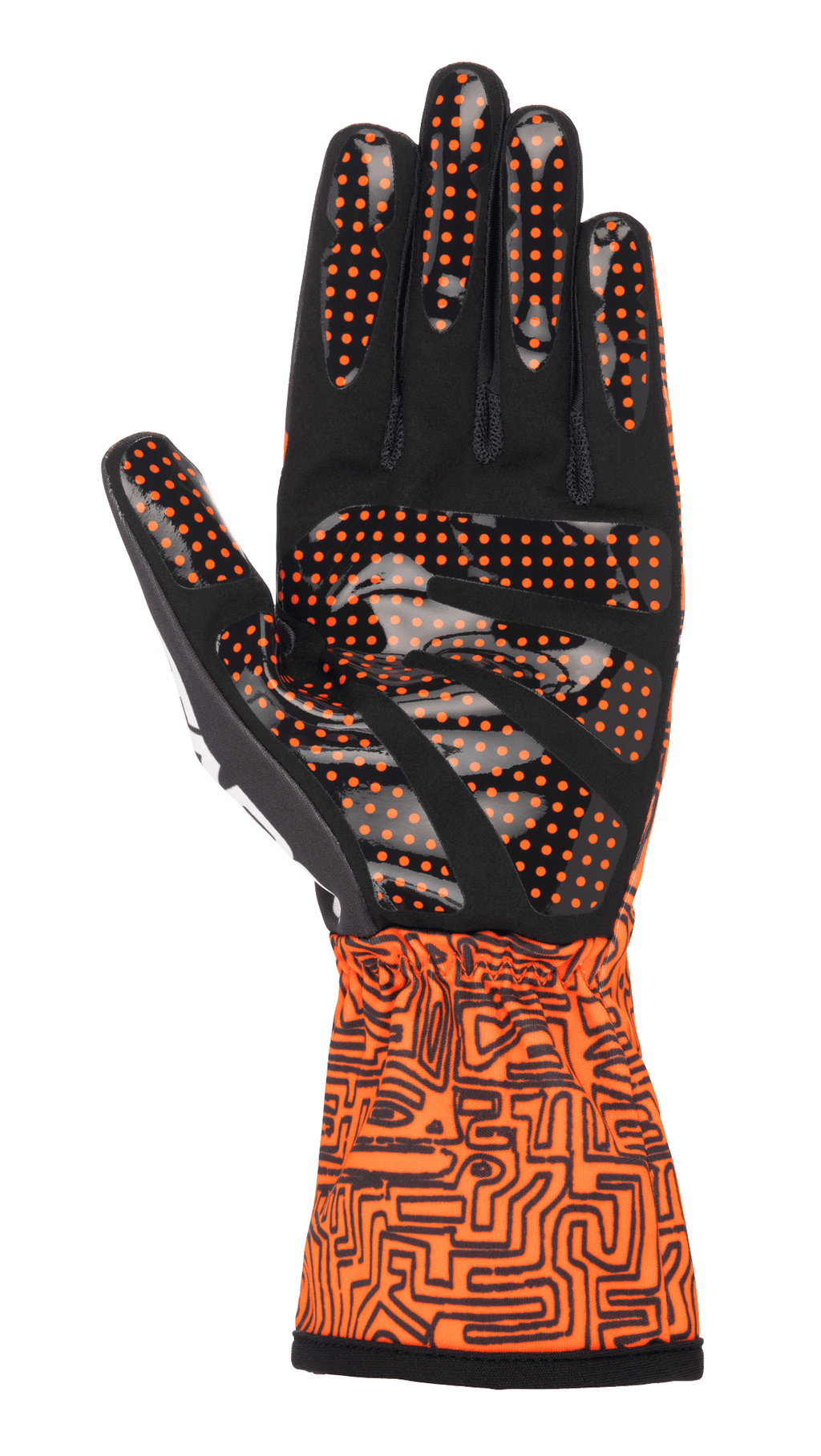 Guanti Alpinestars Tech-1 K Race V2 Vertical, guanti da karting, arancione fluo e nero, vista del palmo in camoscio sintetico nero con grip a pois in silicone arancione, polsino a manicotto con intricato motivo grafico nero, progettati per il controllo di precisione nel karting