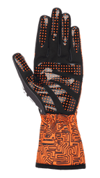 Guanti Alpinestars Tech-1 K Race V2 Vertical, guanti da karting, arancione fluo e nero, vista del palmo in camoscio sintetico nero con grip a pois in silicone arancione, polsino a manicotto con intricato motivo grafico nero, progettati per il controllo di precisione nel karting
