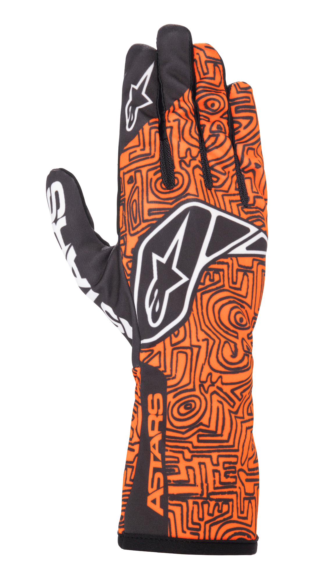 Guanti Alpinestars Tech-1 K Race V2 Vertical, guanti da karting, arancione fluo e nero, caratterizzati da un intricato motivo geometrico nero a labirinto, logo Alpinestars bianco su dorso e indice, marchio ASTARS sul polso laterale, design in mesh leggero e traspirante