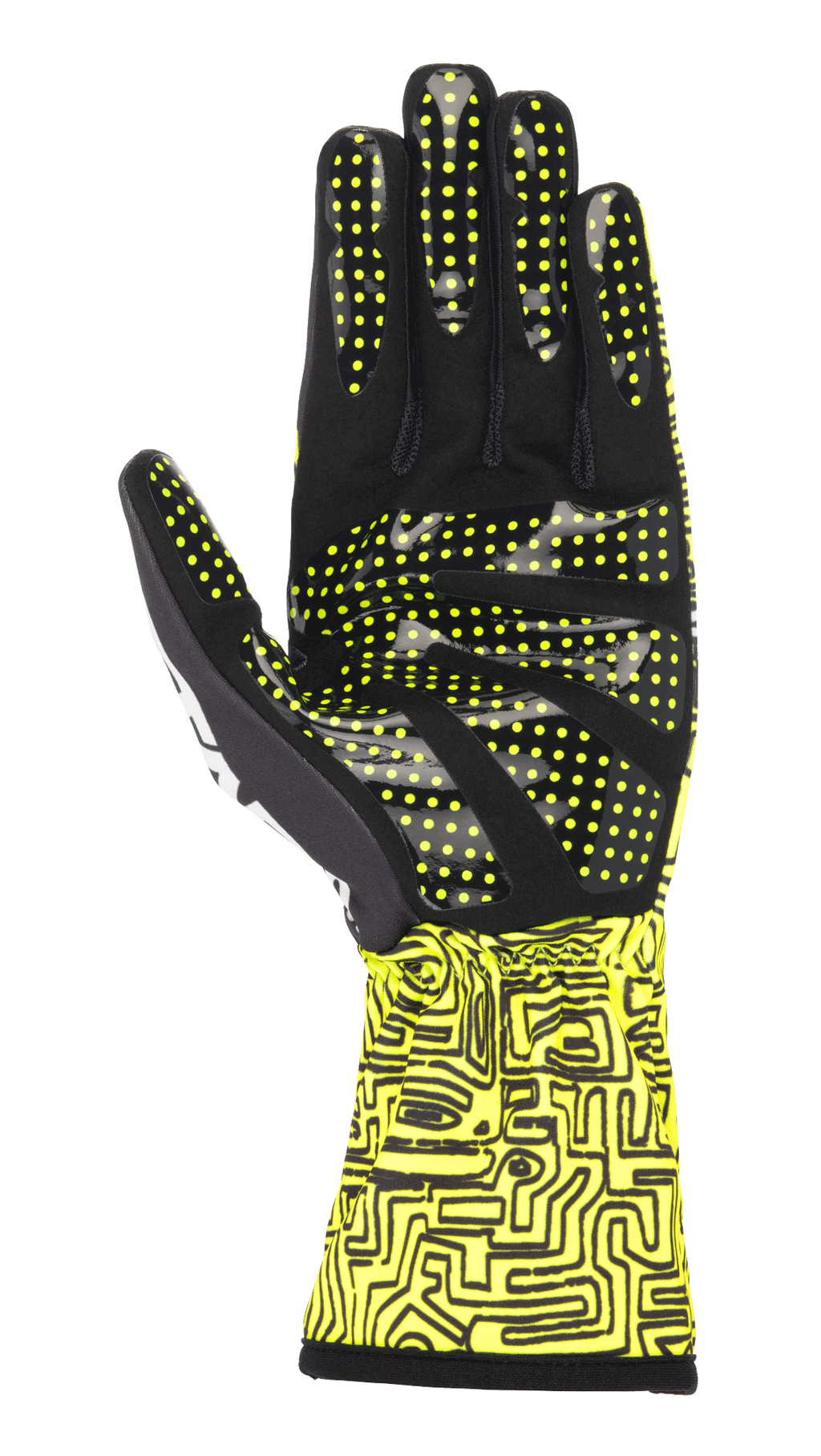 Guanti Alpinestars Tech-1 K Race V2 Vertical, giallo fluo e nero, vista del palmo con motivo grip in silicone a punti gialli, stampa digitale astratta sul polsino, design specialistico per il kart