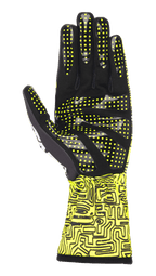 Guanti Alpinestars Tech-1 K Race V2 Vertical, giallo fluo e nero, vista del palmo con motivo grip in silicone a punti gialli, stampa digitale astratta sul polsino, design specialistico per il kart