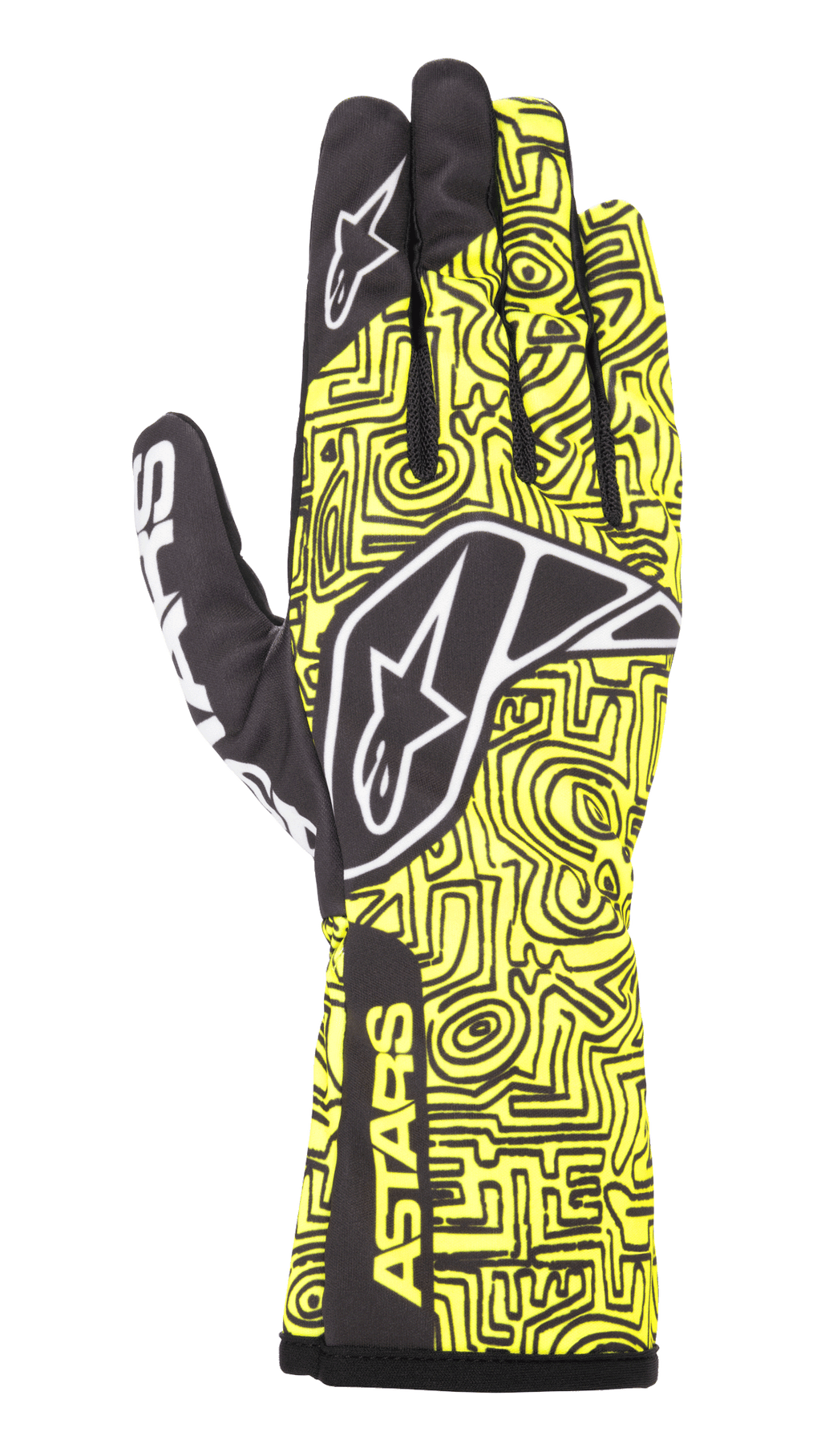 Alpinestars Tech-1 K Race V2 Vertical Gloves, guanti da kart, giallo fluo e nero, con logo a stella bianco, motivo a linee astratte e branding ASTARS sul polsino, design leggero per prestazioni motorsport