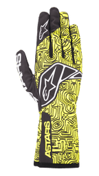 Alpinestars Tech-1 K Race V2 Vertical Gloves, guanti da kart, giallo fluo e nero, con logo a stella bianco, motivo a linee astratte e branding ASTARS sul polsino, design leggero per prestazioni motorsport