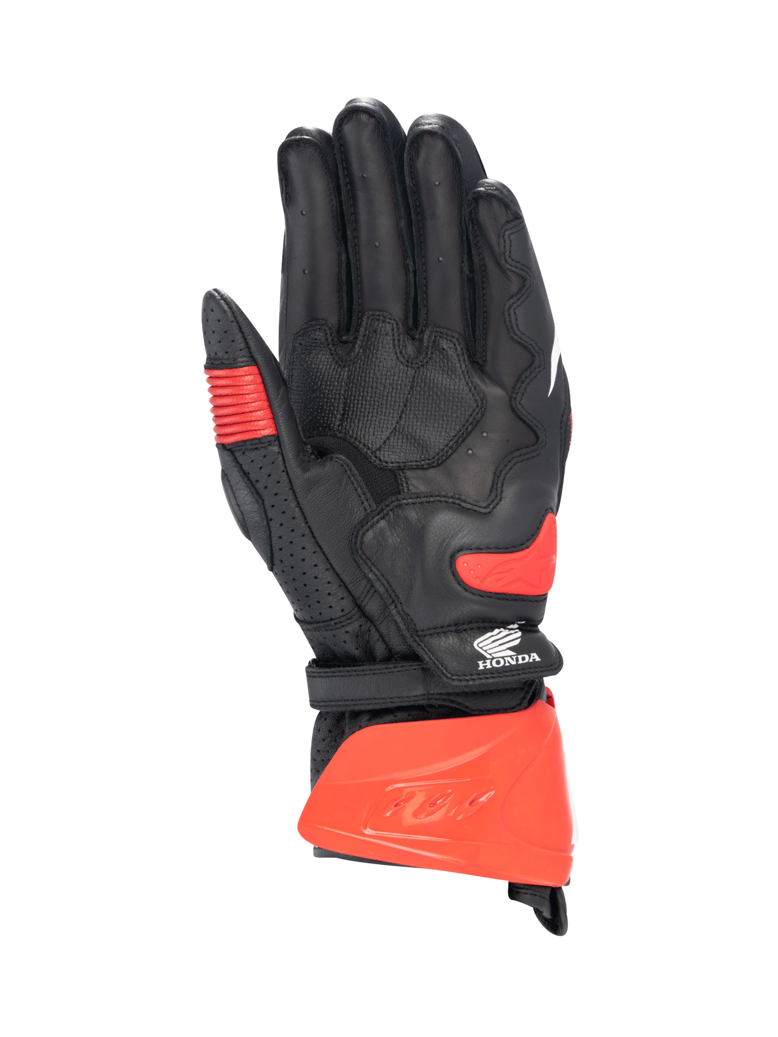 Alpinestars Guanti Honda GP Pro R3, guanti da moto racing con polsino lungo, nero e rosso brillante, palmo in pelle di canguro, certificati CE