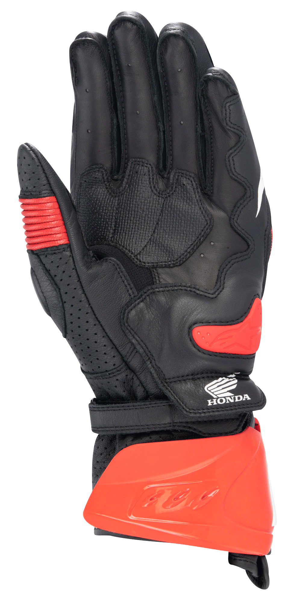 Guanti Alpinestars Honda GP Pro R3, guanti sportivi racing a polsino lungo, nero e rosso acceso, vista del palmo con protezione rigida del polsino rossa, slider sul palmo e logo Honda, equipaggiamento professionale per corse motociclistiche