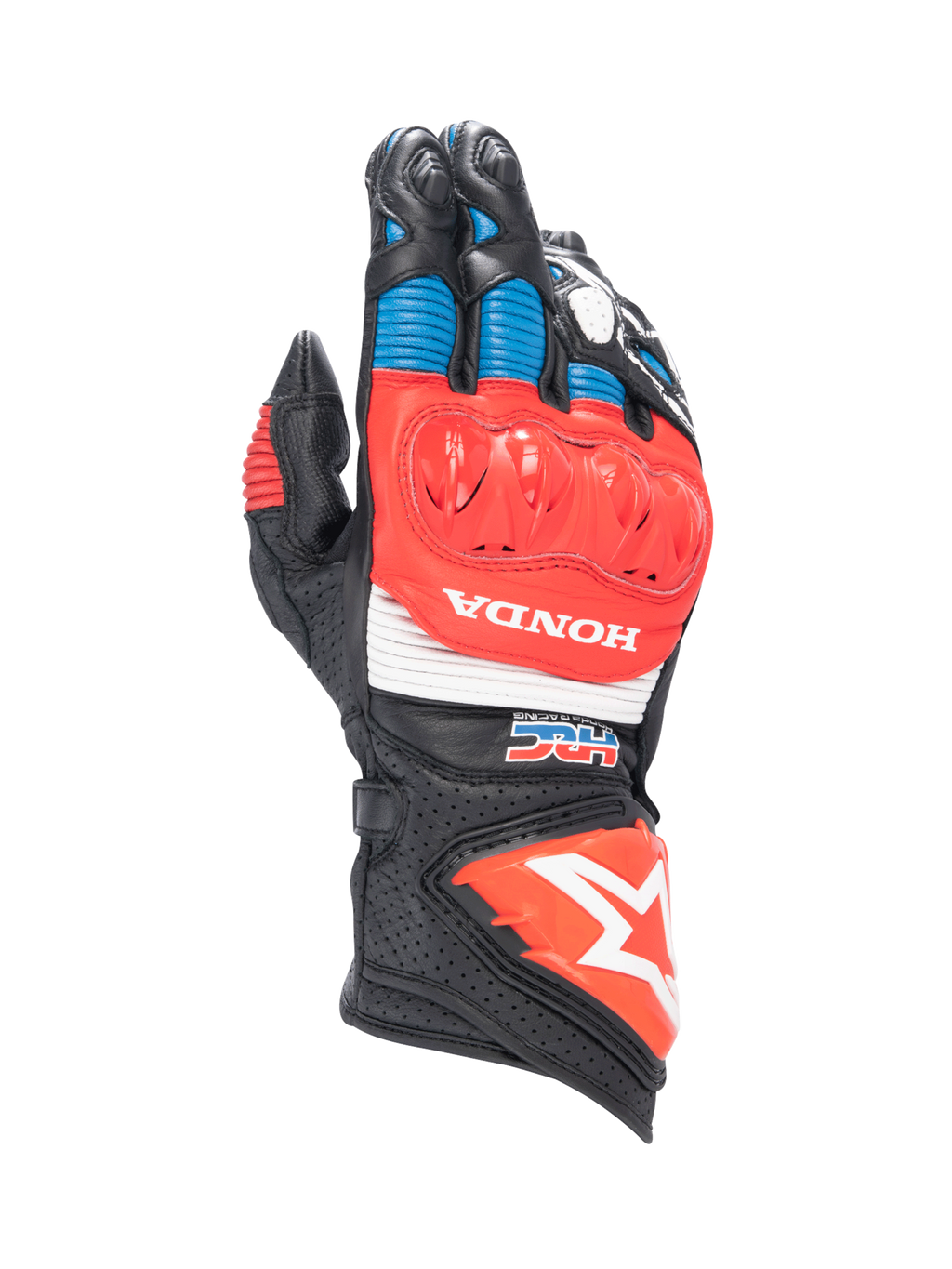 Alpinestars Guanti Honda GP Pro R3, guanti da moto racing da uomo, neri, rossi e blu, in pelle con protezione nocche DFS e loghi Honda HRC