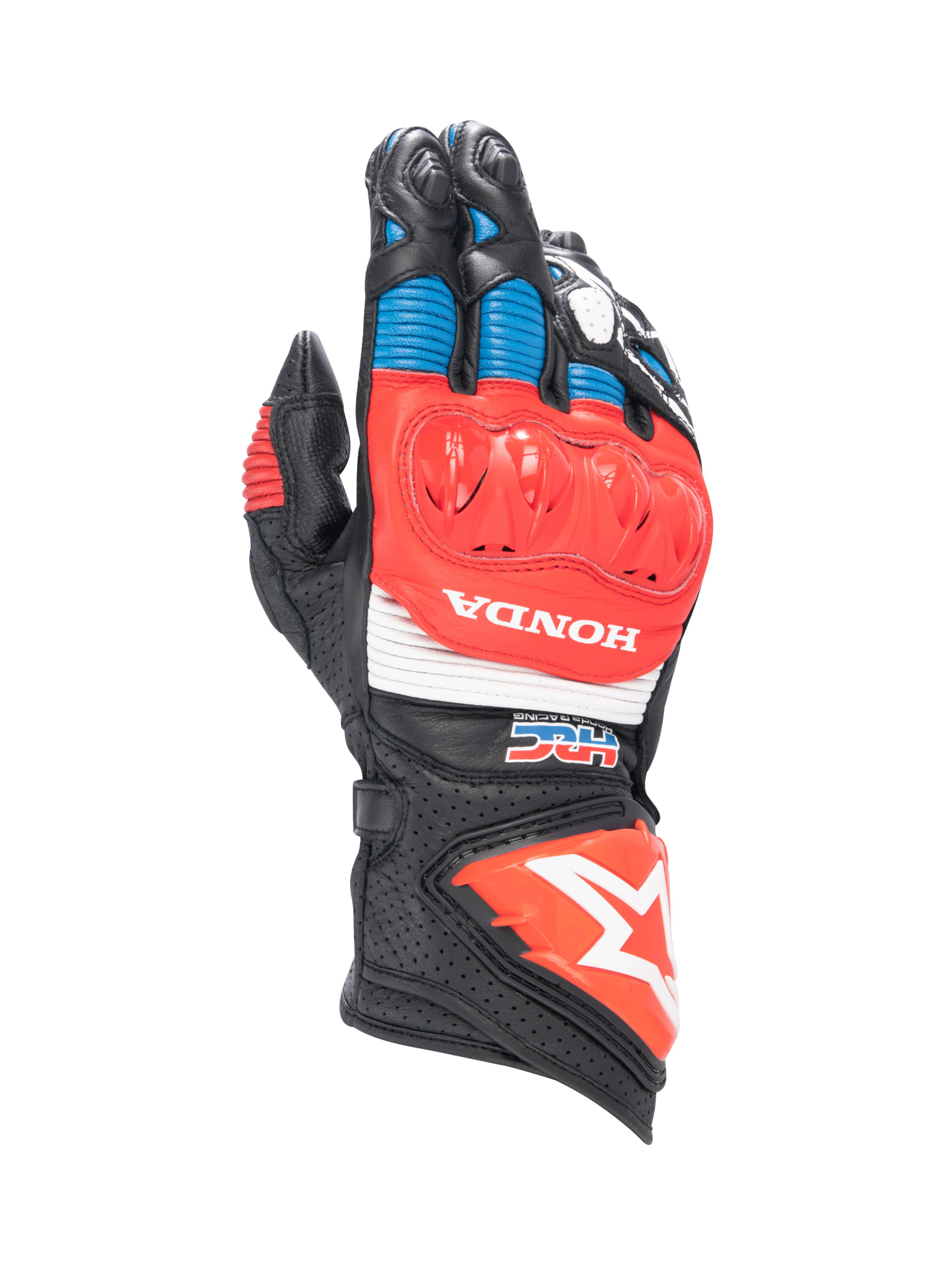 Alpinestars Guanti Honda GP Pro R3, guanti da moto racing da uomo, neri, rossi e blu, in pelle con protezione nocche DFS e loghi Honda HRC