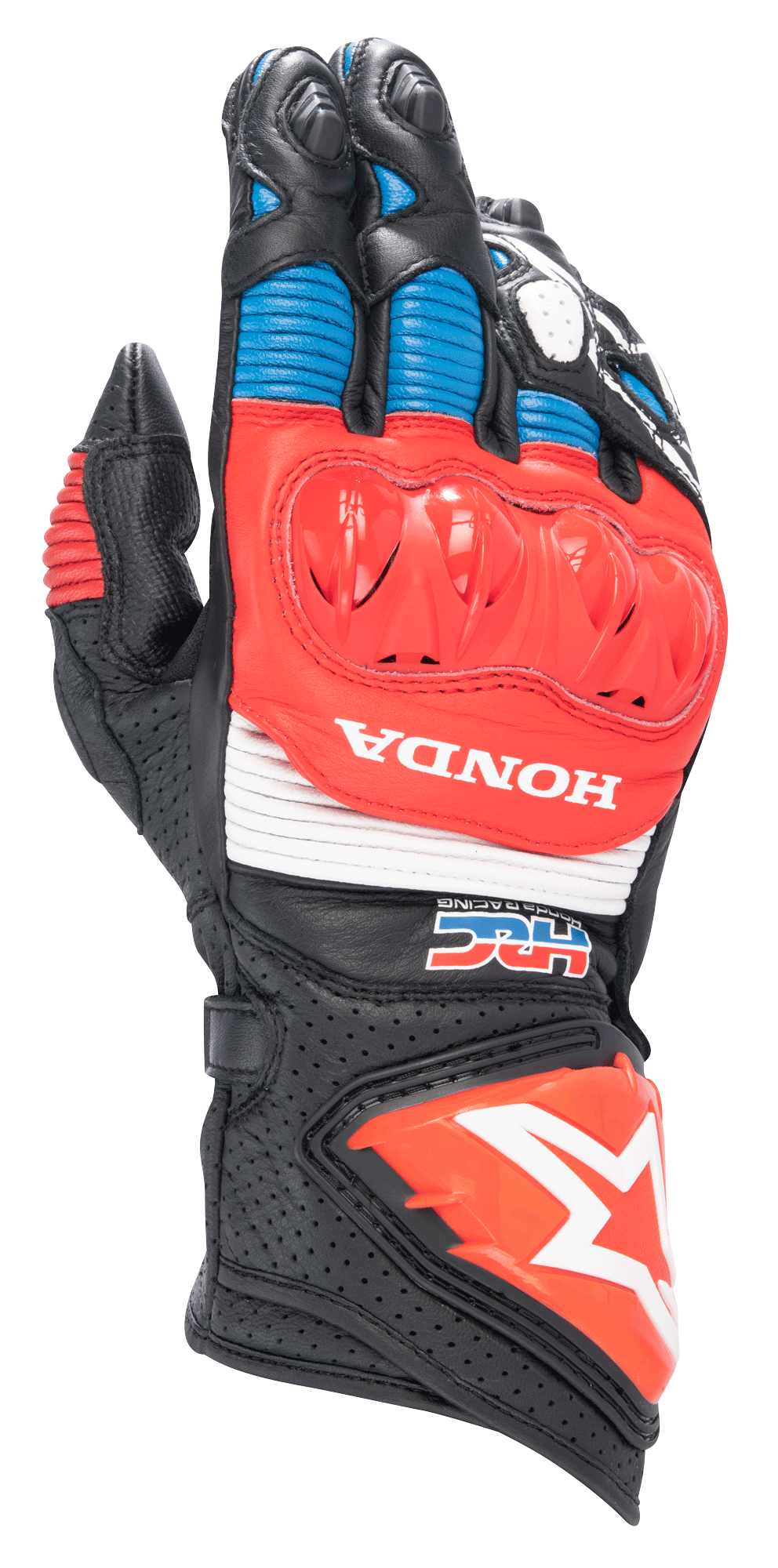 Guanti Alpinestars Honda GP Pro R3, guanti racing da moto, nero con accenti rosso acceso e blu, caratterizzati da una protezione rigida per le nocche DFS rossa, loghi HONDA e HRC bianchi, pelle traforata con pannelli a soffietto e logo a stella Alpinestars sul polsino