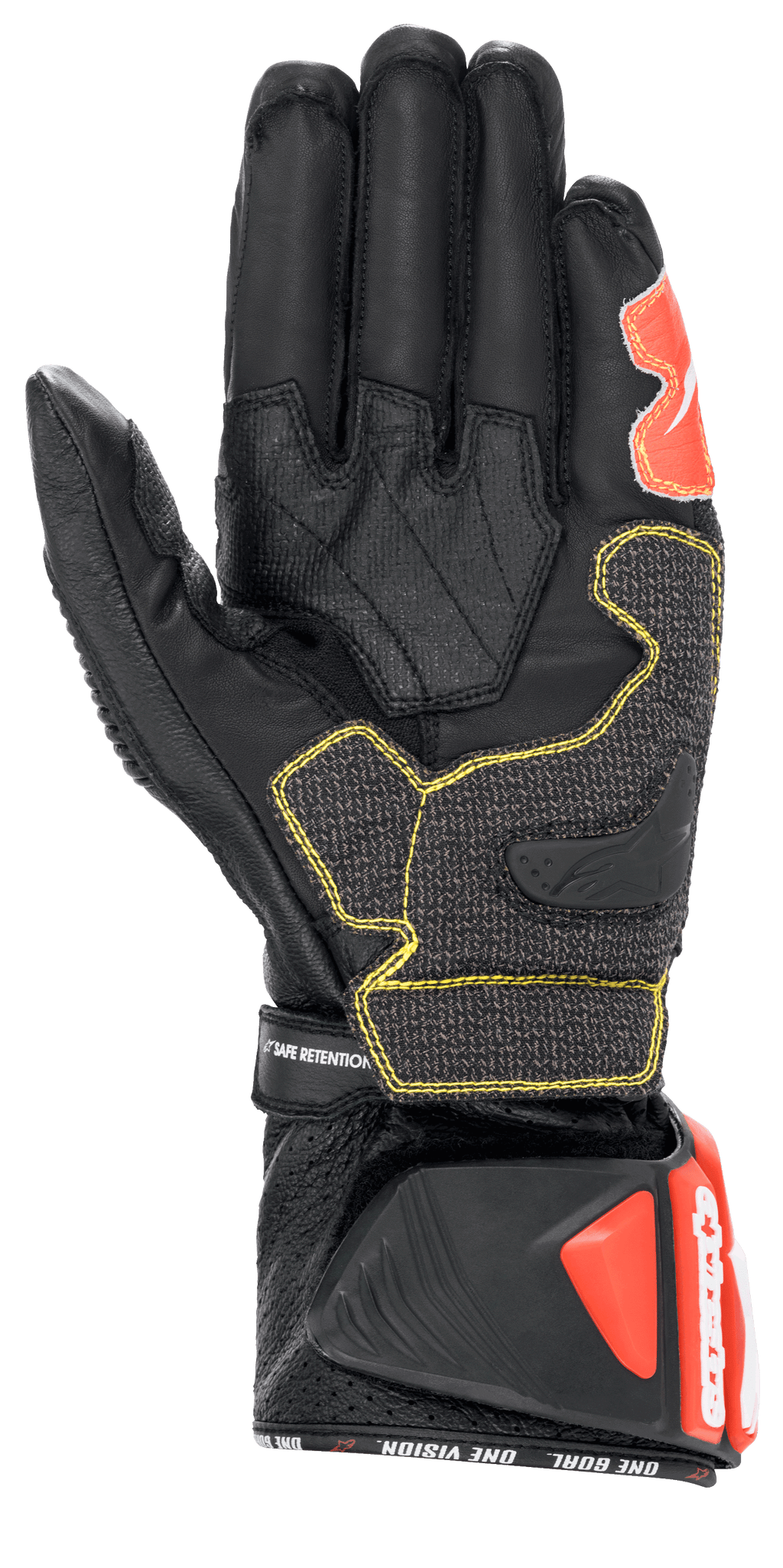 Guanti Alpinestars GP Tech V2, nero, bianco e rosso fluo, vista del palmo con costruzione in pelle nera e cuciture gialle a contrasto, polsino protettivo DFS con dettagli rossi, equipaggiamento professionale da corsa per moto