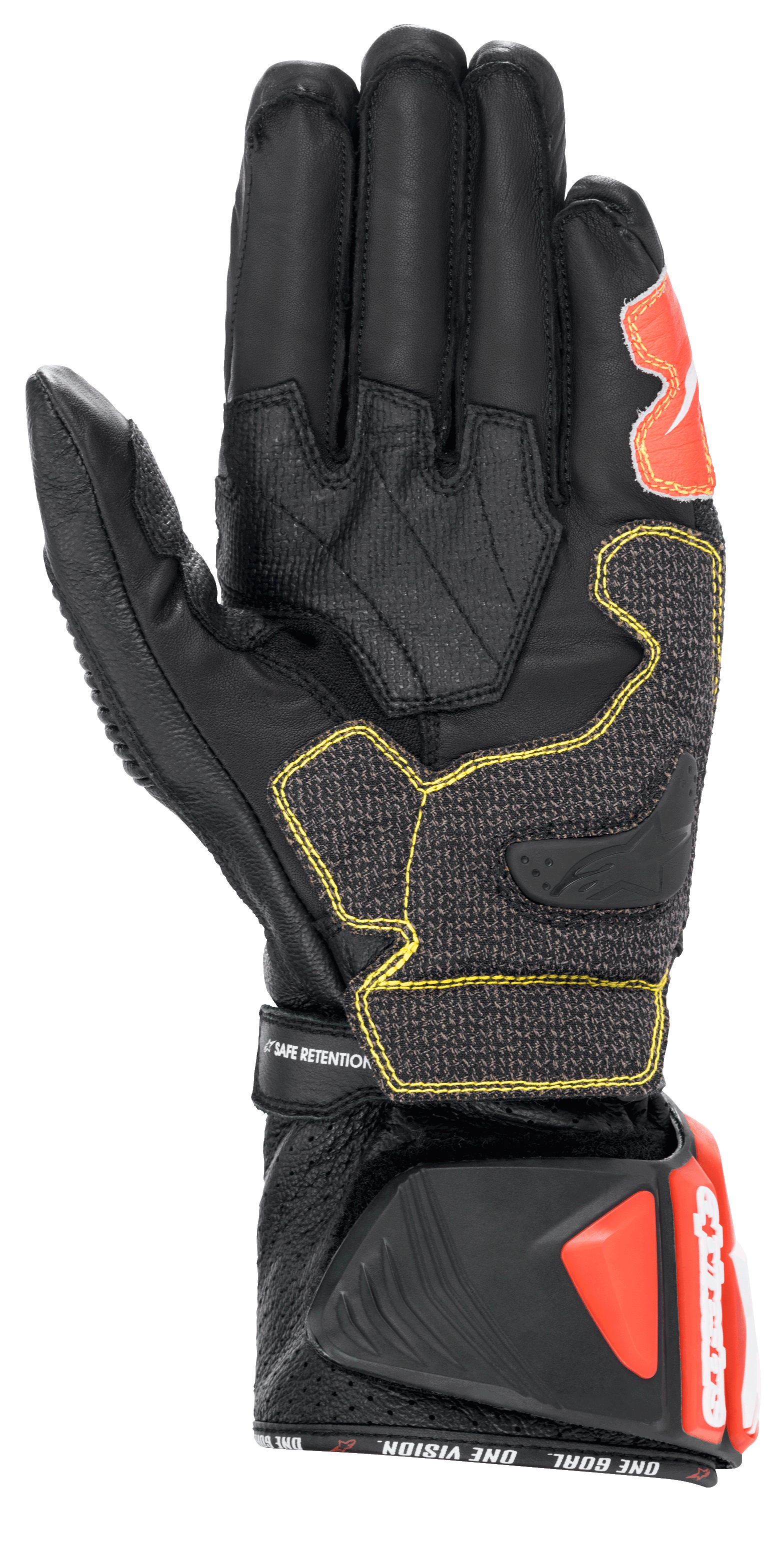 Guanti Alpinestars GP Tech V2, nero, bianco e rosso fluo, vista del palmo con costruzione in pelle nera e cuciture gialle a contrasto, polsino protettivo DFS con dettagli rossi, equipaggiamento professionale da corsa per moto