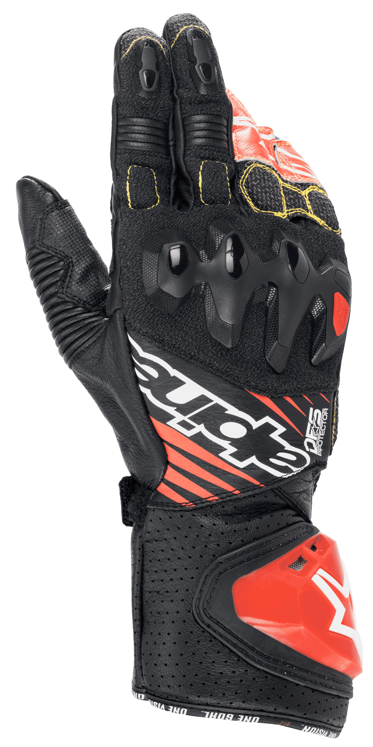 Guanti Alpinestars GP Tech V2, guanti da moto racing, nero, bianco e rosso fluo, con protezione nocche a doppia densità, pelle traforata con cuciture gialle e slider d'impatto DFS rosso, design racing professionale