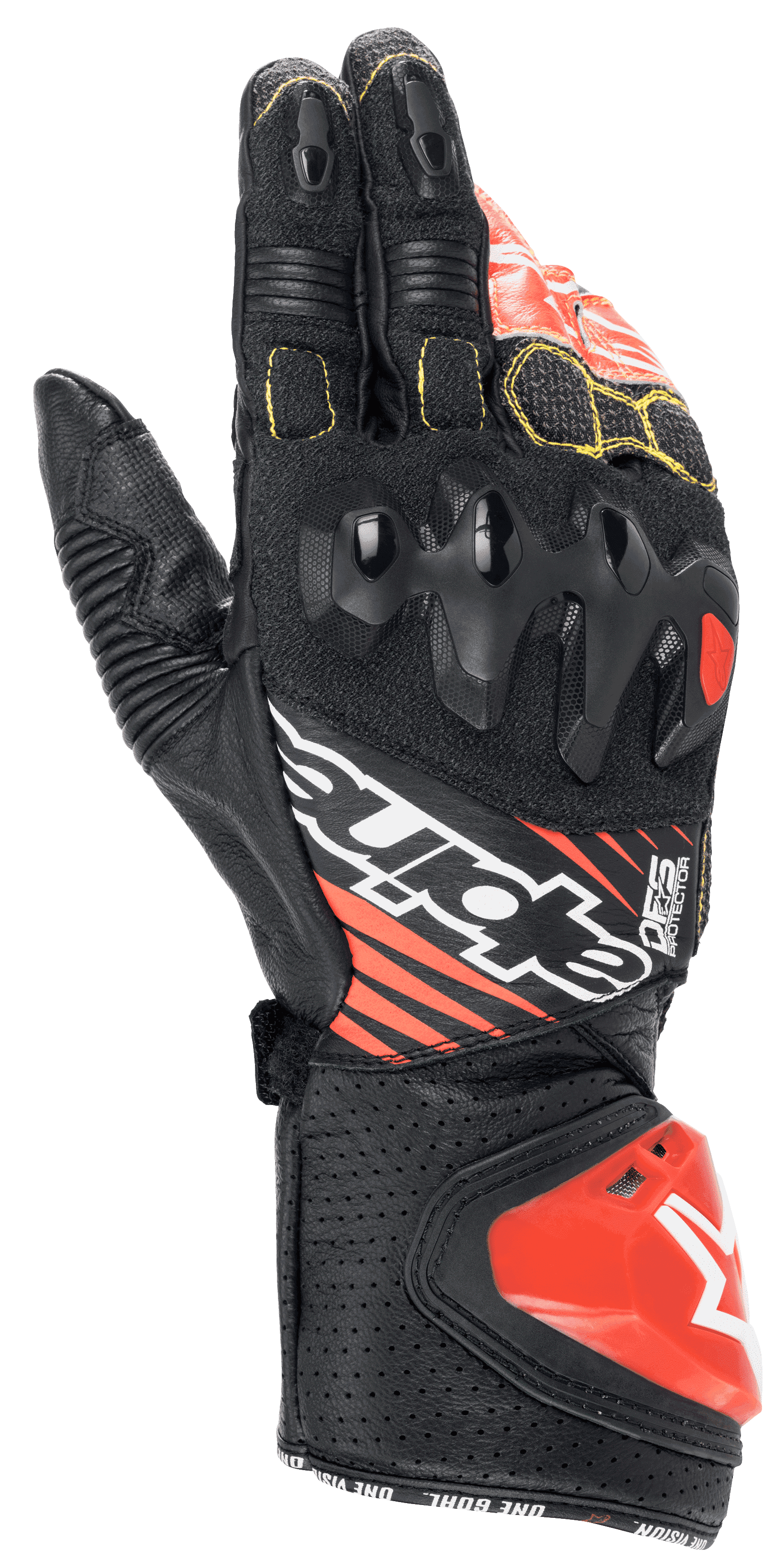 Guanti Alpinestars GP Tech V2, guanti da moto racing, nero, bianco e rosso fluo, con protezione nocche a doppia densità, pelle traforata con cuciture gialle e slider d'impatto DFS rosso, design racing professionale