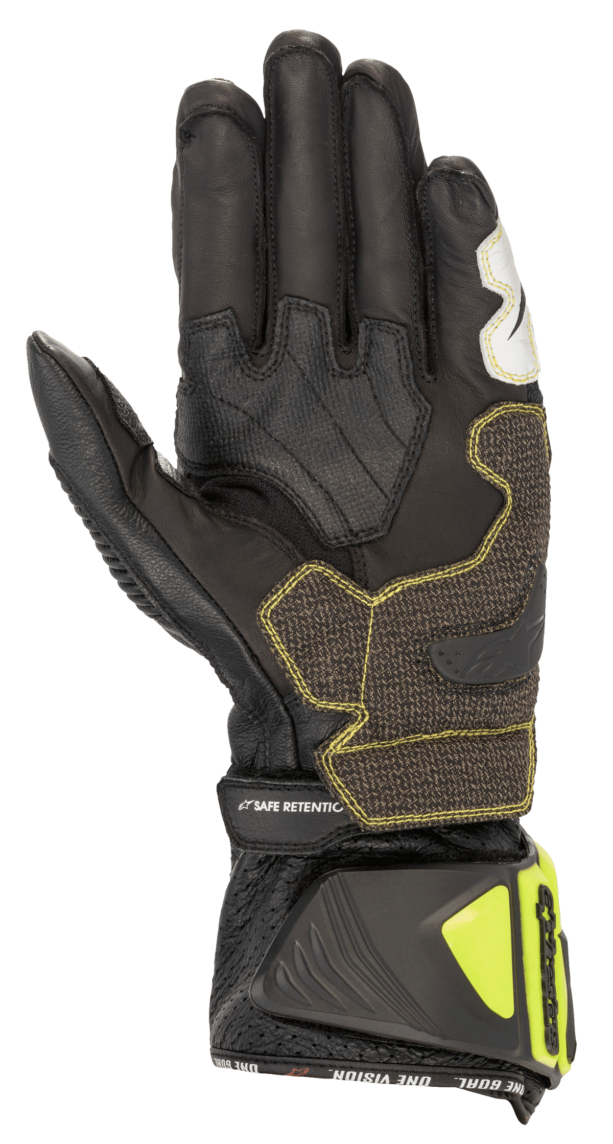 Guanti Alpinestars GP Tech V2, nero e giallo fluo, vista dal lato del palmo con costruzione in pelle di canguro, pannelli rinforzati con cuciture gialle, polsino ergonomico con protezioni giallo fluo e cinturino 'SAFE RETENTION', abbigliamento professionale da gara per motociclisti